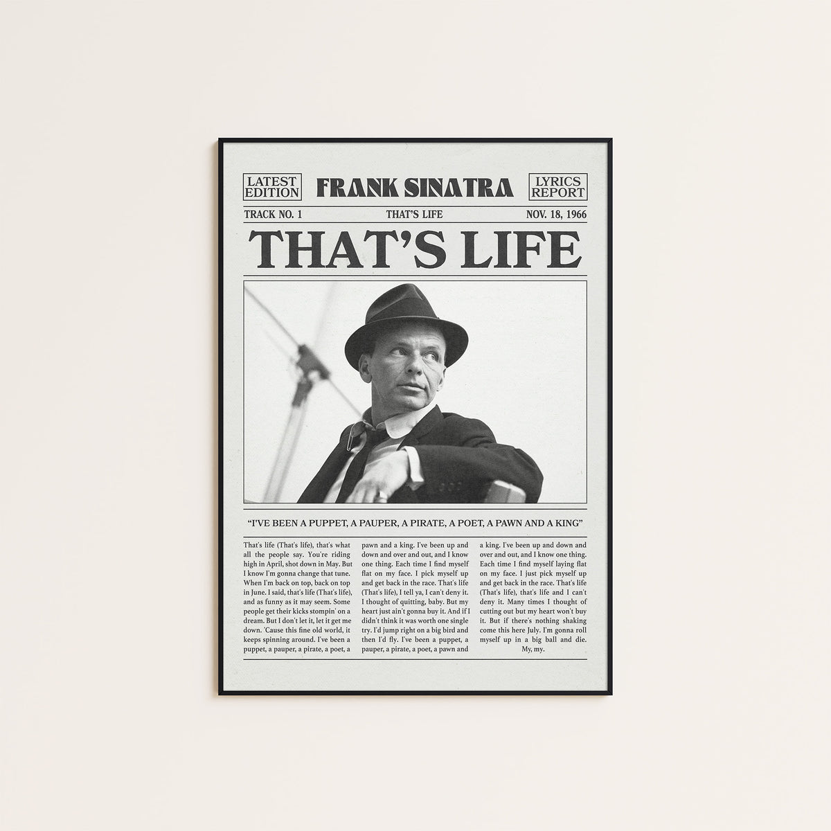 Frank Sinatra That's Life newspaper poster — black frame display