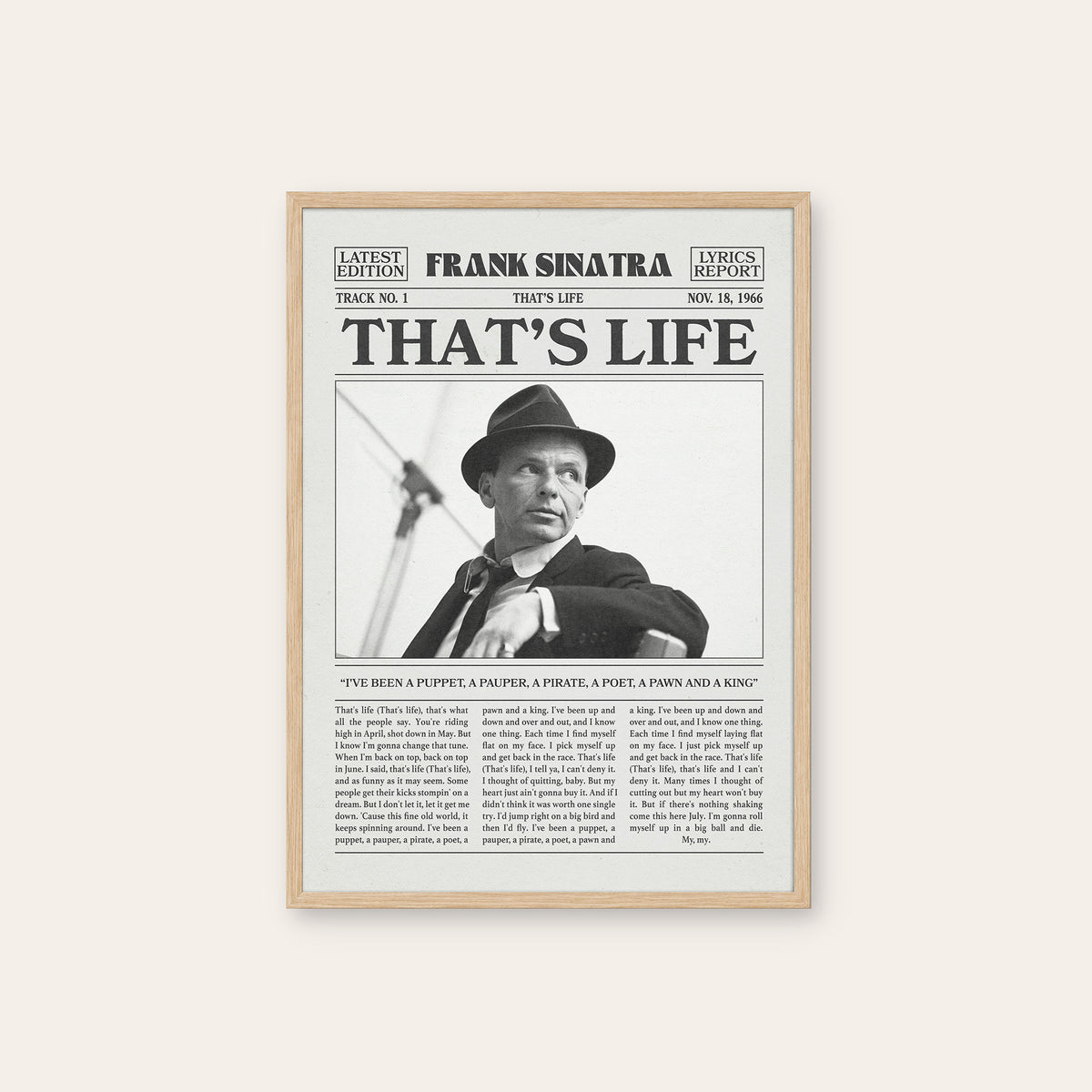 Frank Sinatra That's Life newspaper poster — natural wood frame
