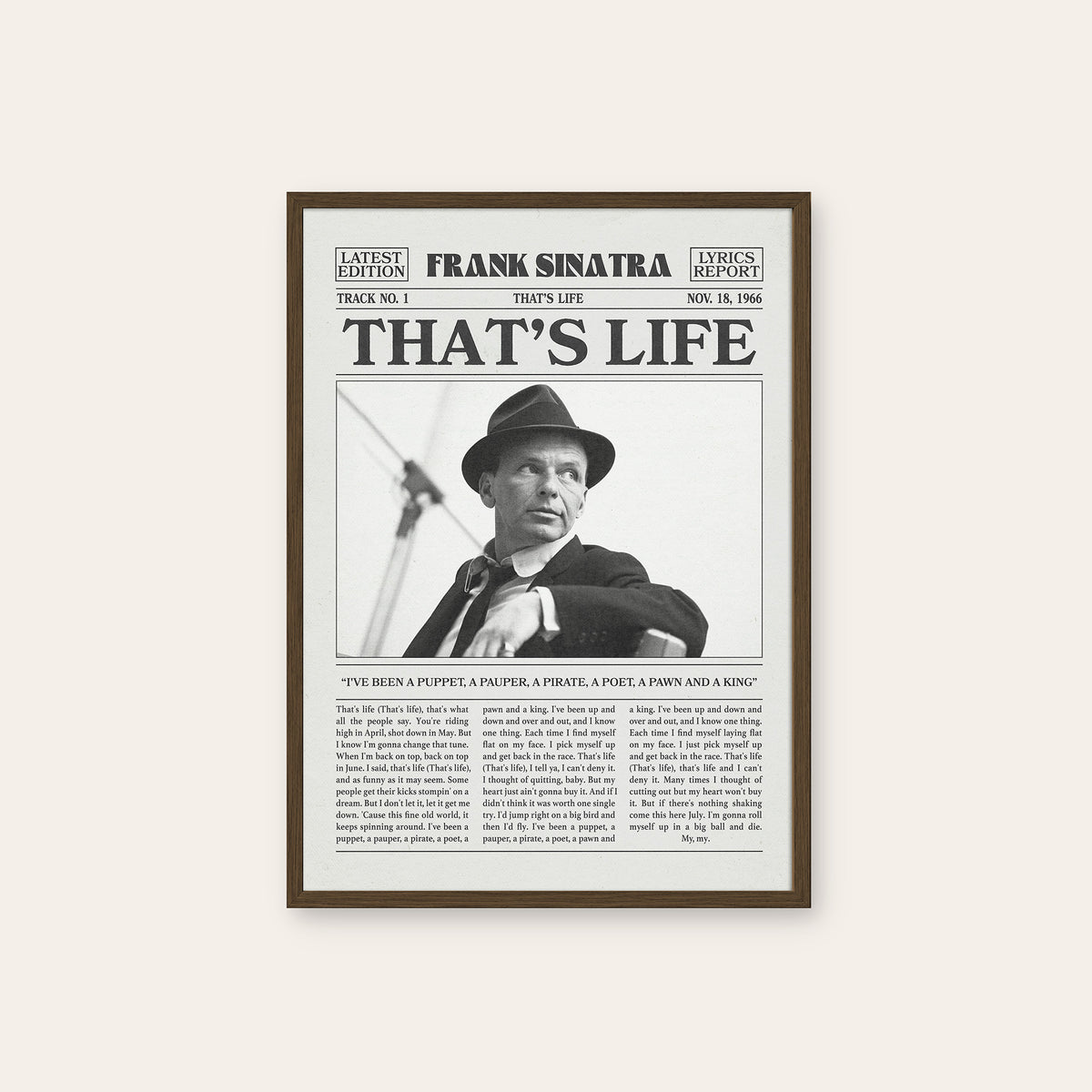 Frank Sinatra That's Life newspaper poster — dark wood frame