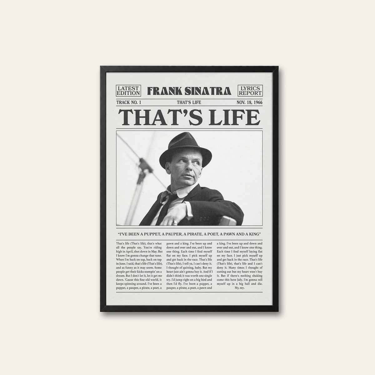 Frank Sinatra That's Life newspaper poster — black frame