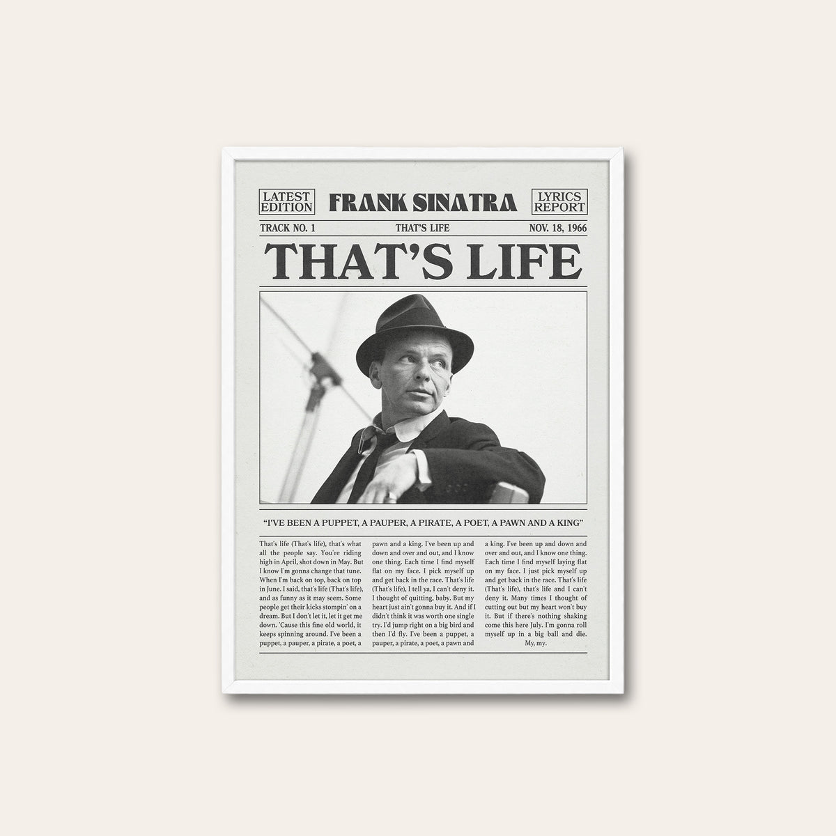 Frank Sinatra That's Life newspaper poster — white frame