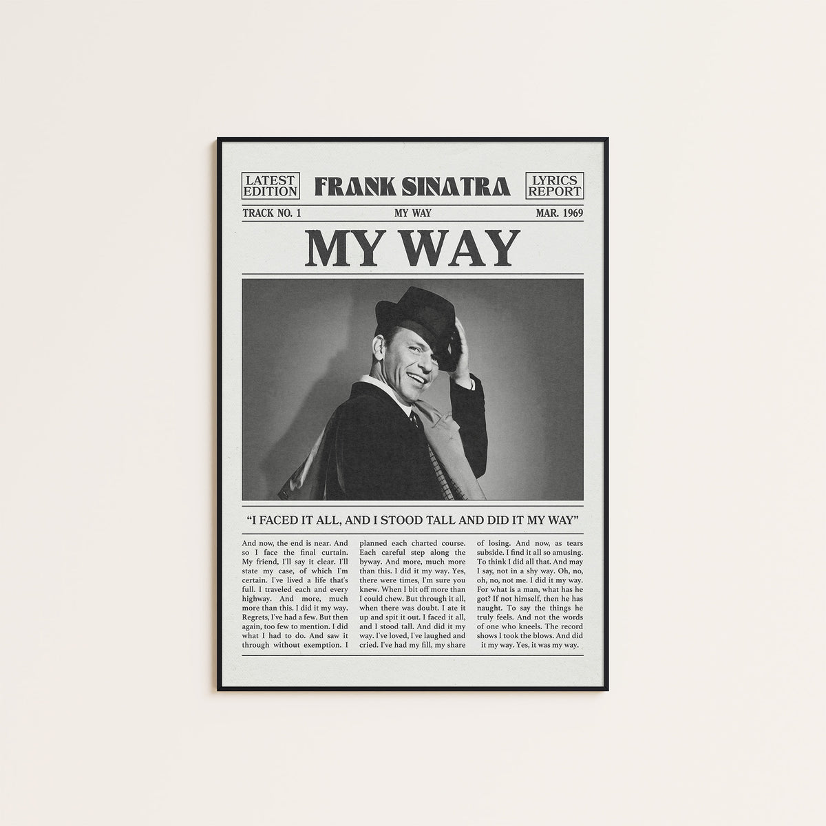 Frank Sinatra My Way newspaper poster — black frame display
