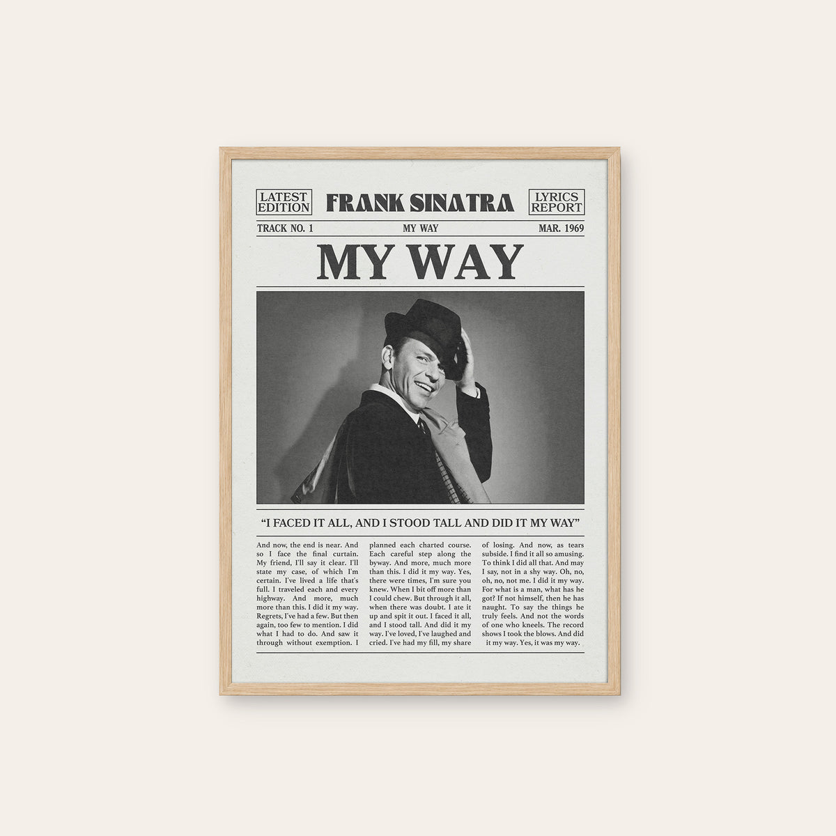Frank Sinatra My Way newspaper poster — natural wood frame