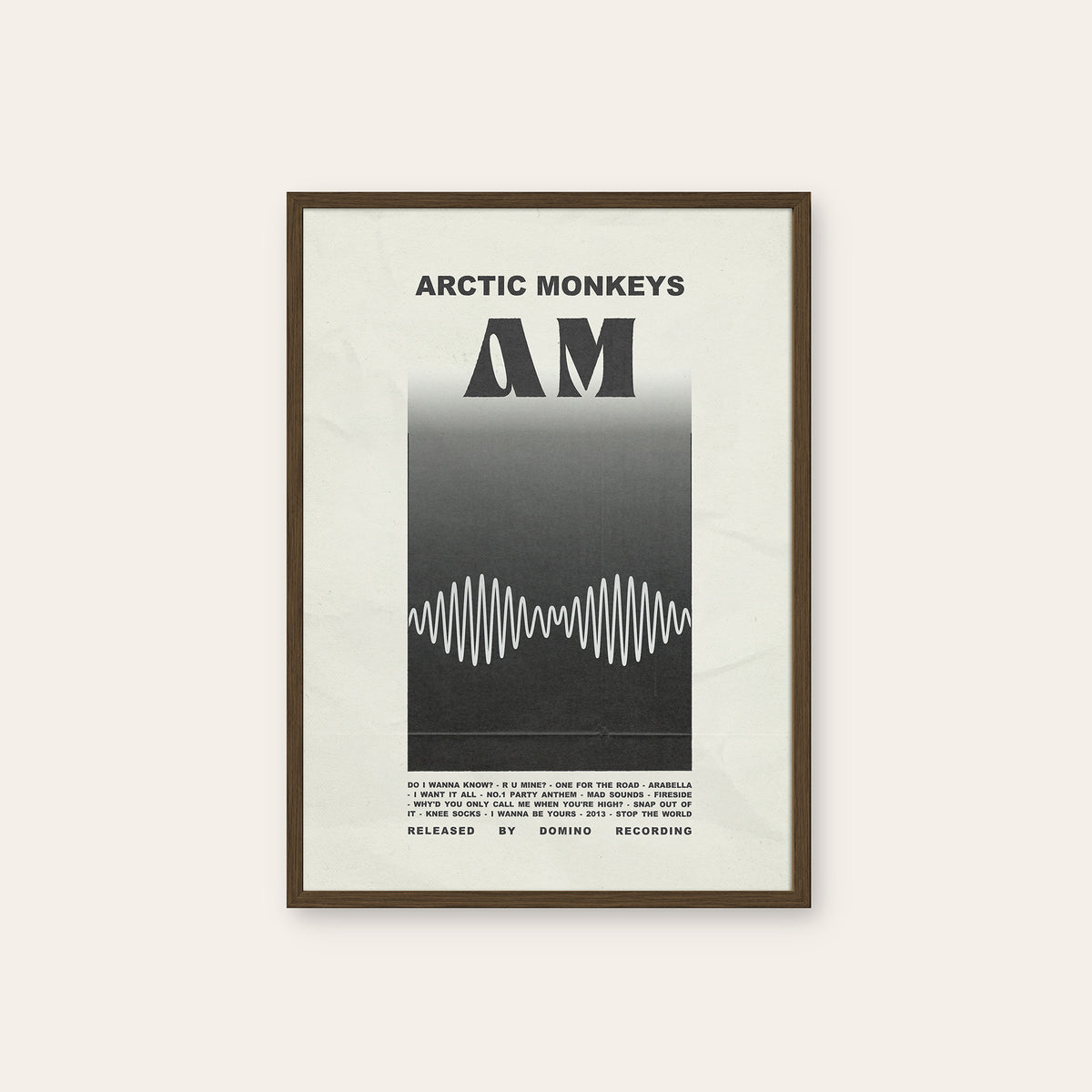 Arctic Monkeys AM newspaper poster — dark wood frame
