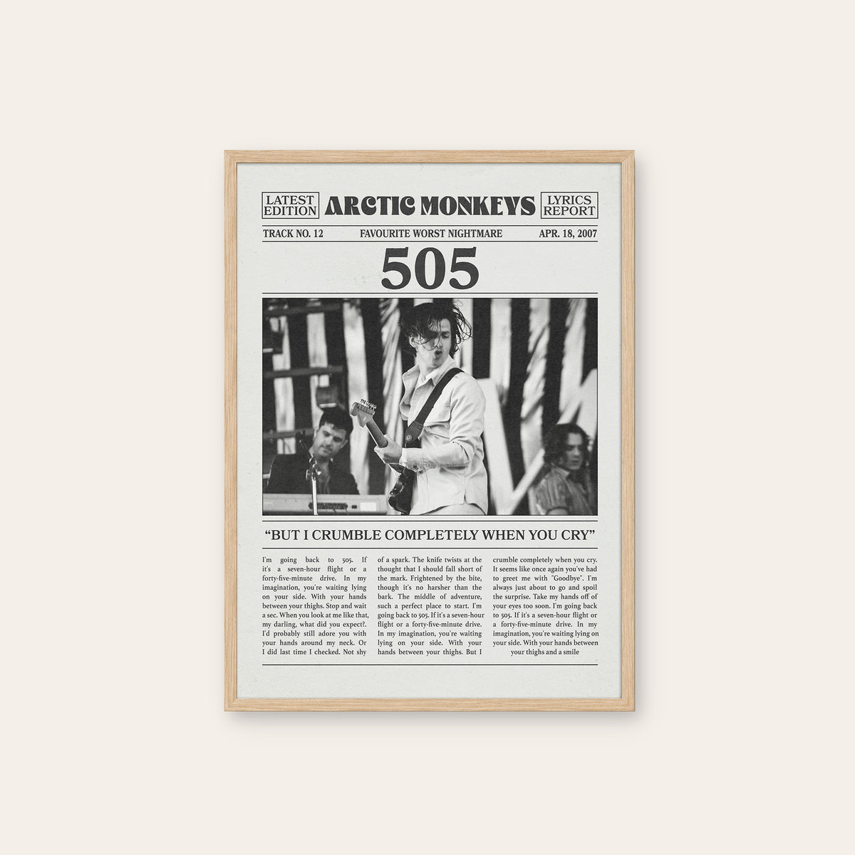 Arctic Monkeys 505 newspaper poster, Guitar — natural wood frame