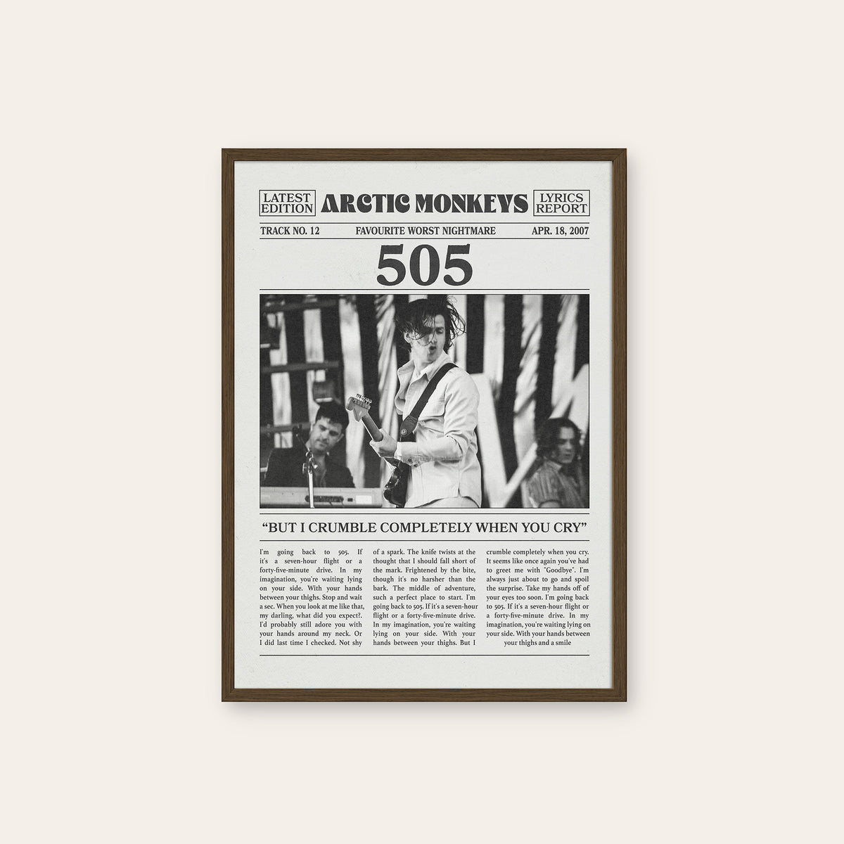 Arctic Monkeys 505 newspaper poster, Guitar — dark wood frame