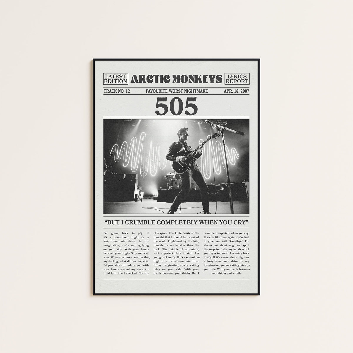 Arctic Monkeys 505 newspaper poster, Waveform Stage — black frame display