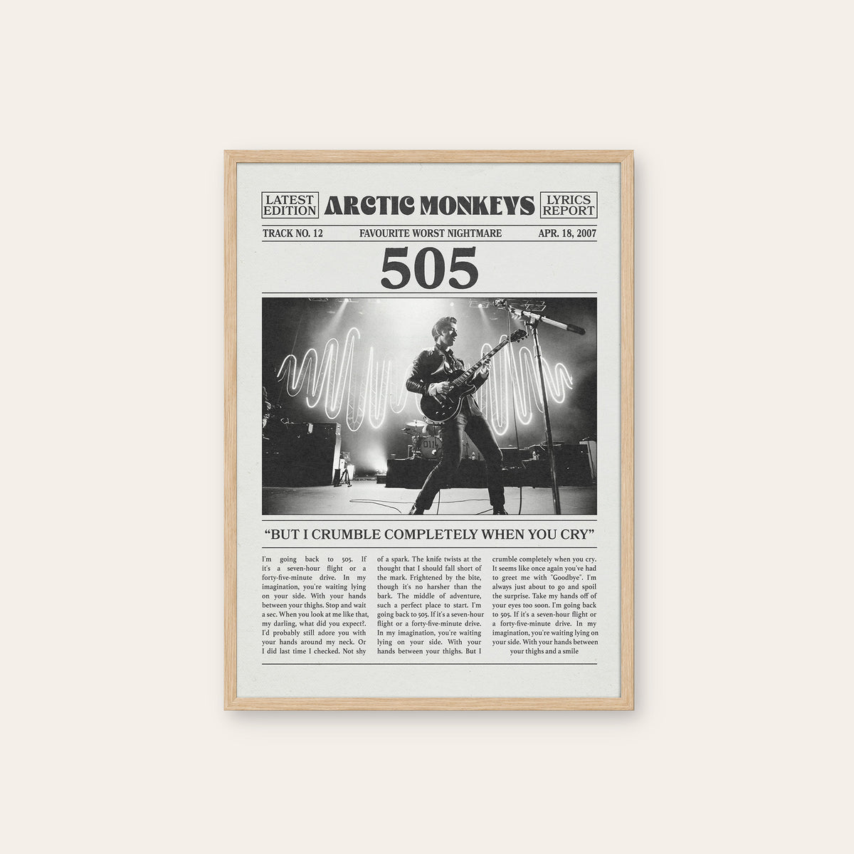 Arctic Monkeys 505 newspaper poster, Waveform Stage — natural wood frame