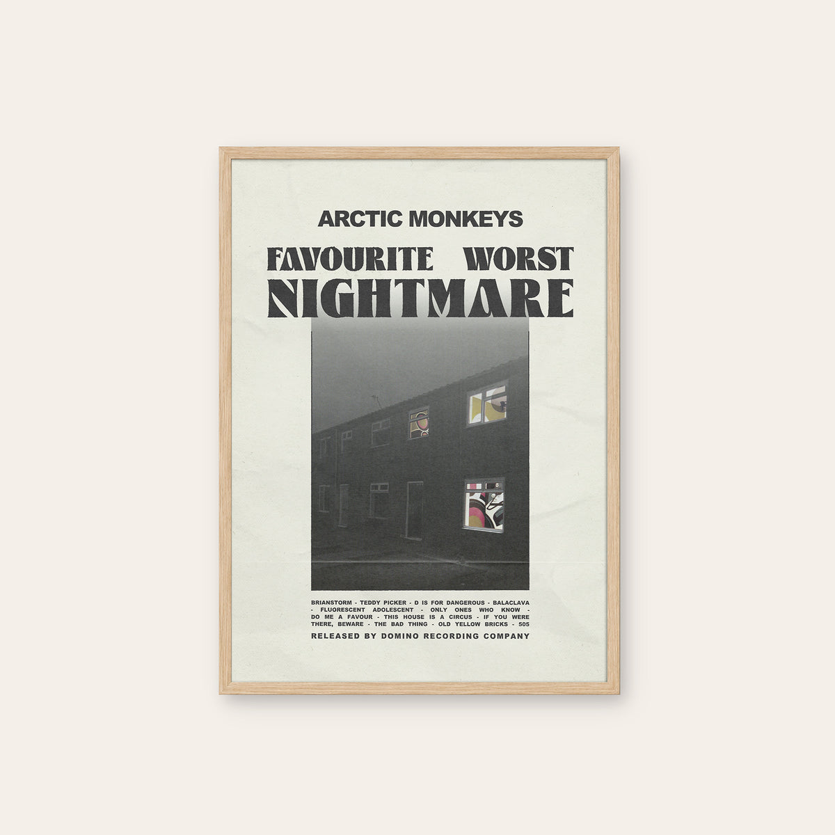 Arctic Monkeys Favourite Worst Nightmare newspaper poster — natural wood frame