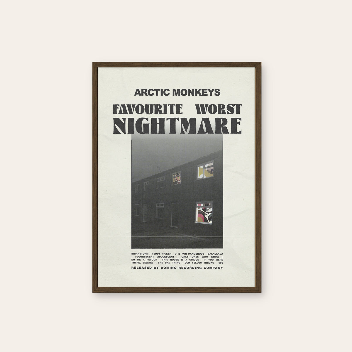 Arctic Monkeys Favourite Worst Nightmare newspaper poster — dark wood frame