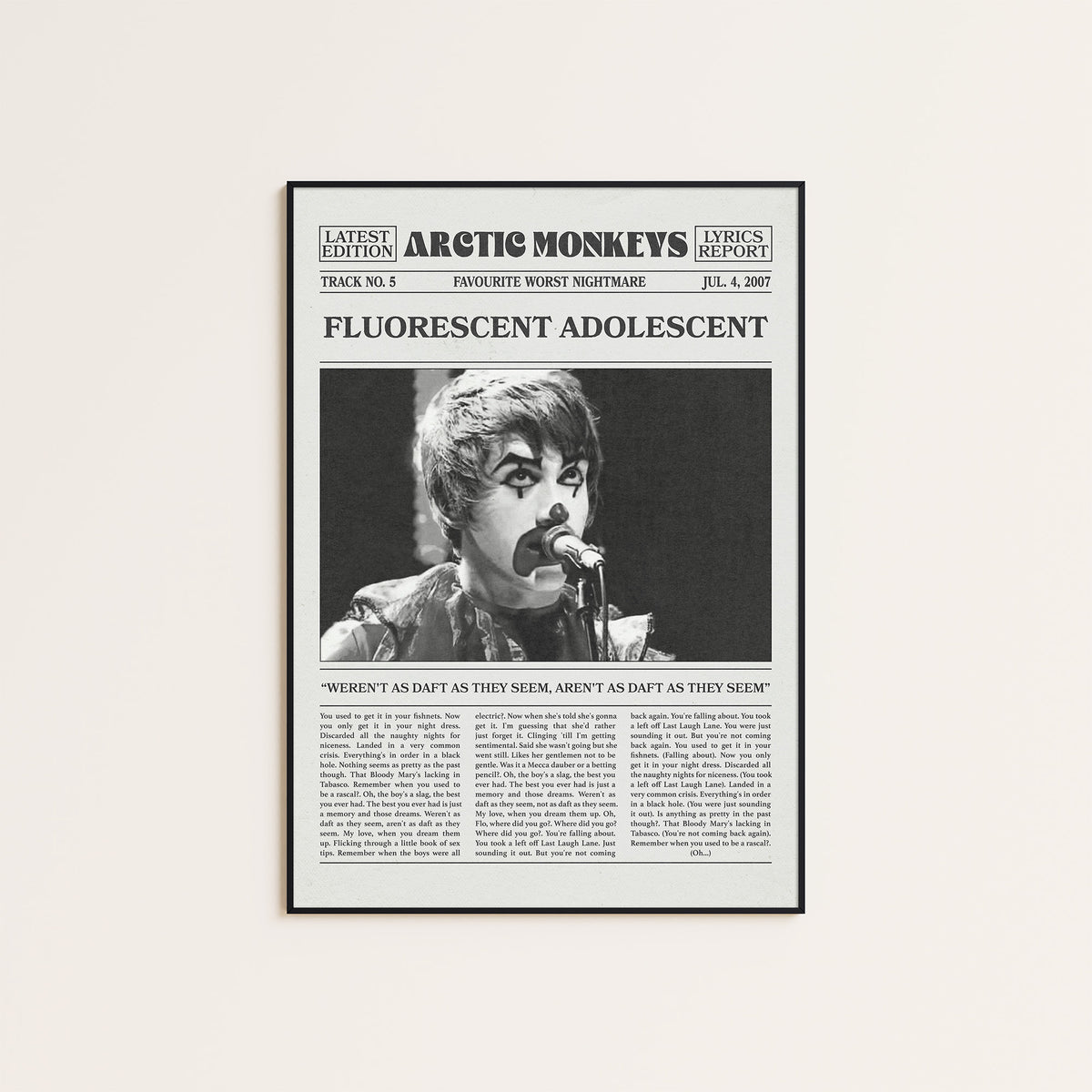 Arctic Monkeys Fluorescent Adolescent newspaper poster — black frame display