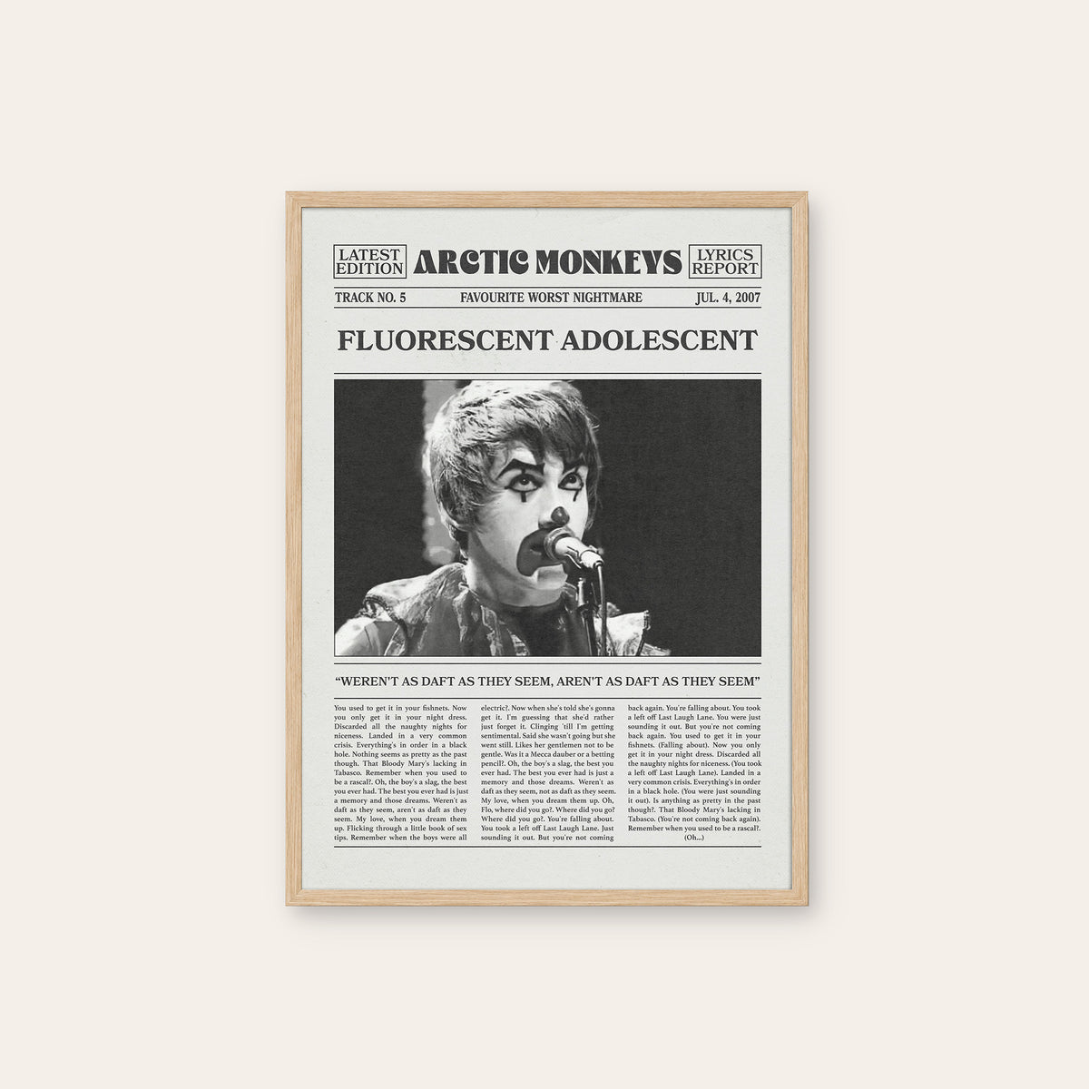 Arctic Monkeys Fluorescent Adolescent newspaper poster — natural wood frame