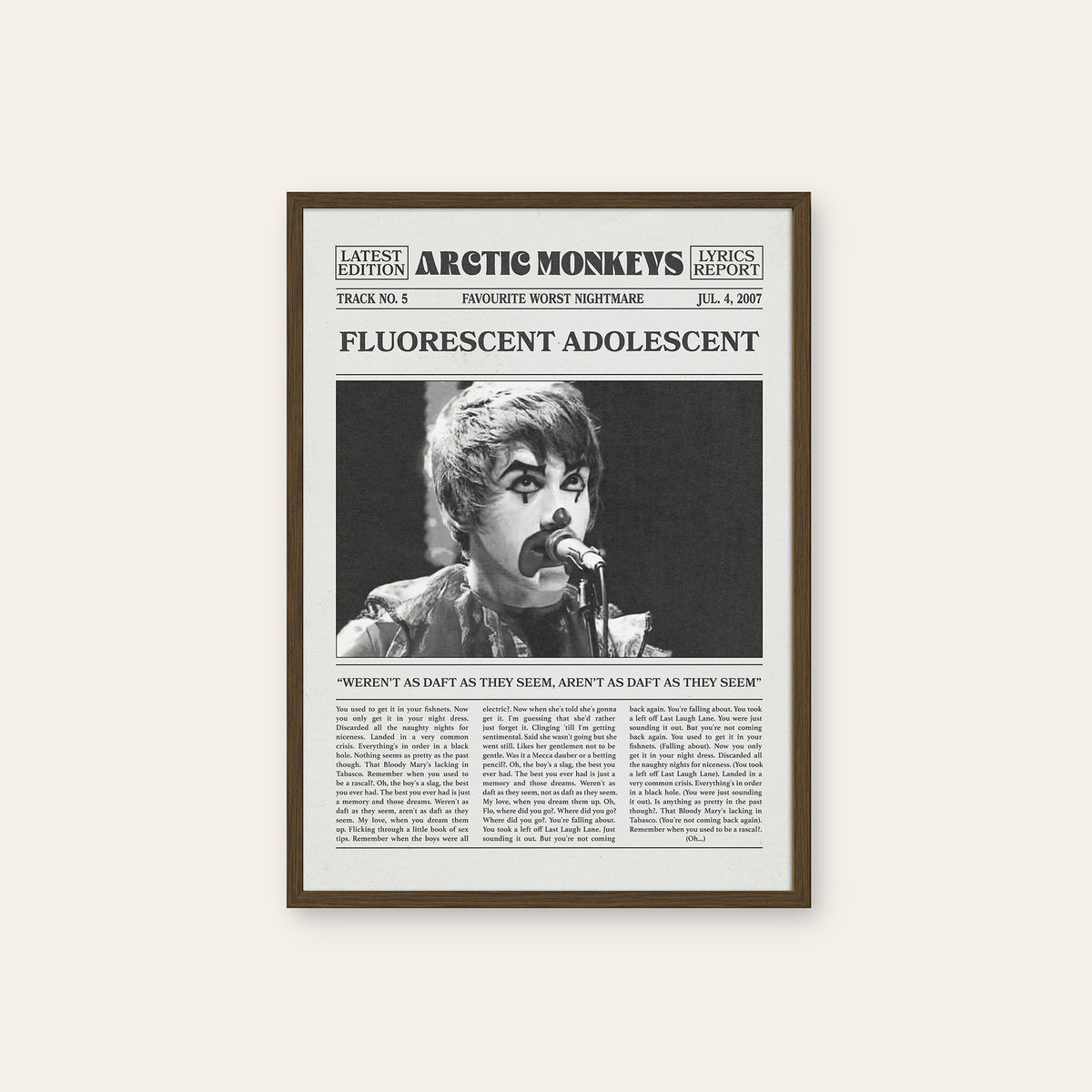 Arctic Monkeys Fluorescent Adolescent newspaper poster — dark wood frame