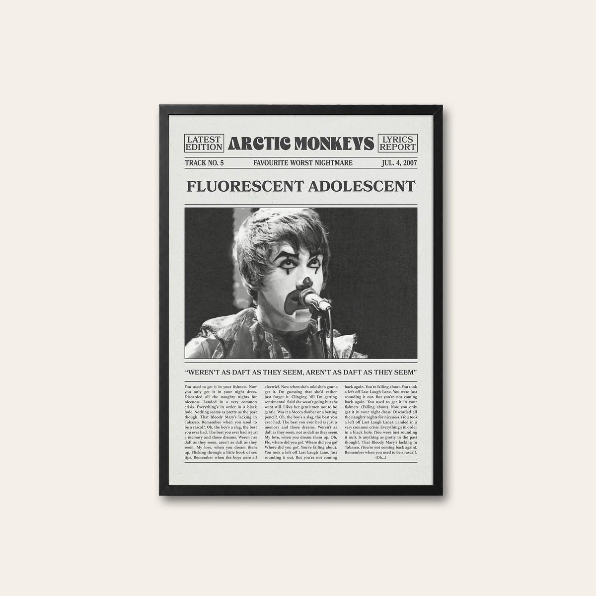 Arctic Monkeys Fluorescent Adolescent newspaper poster — black frame
