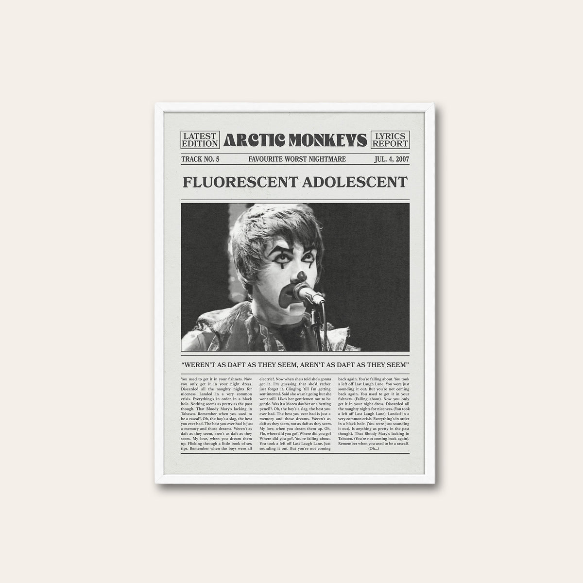 Arctic Monkeys Fluorescent Adolescent newspaper poster — white frame