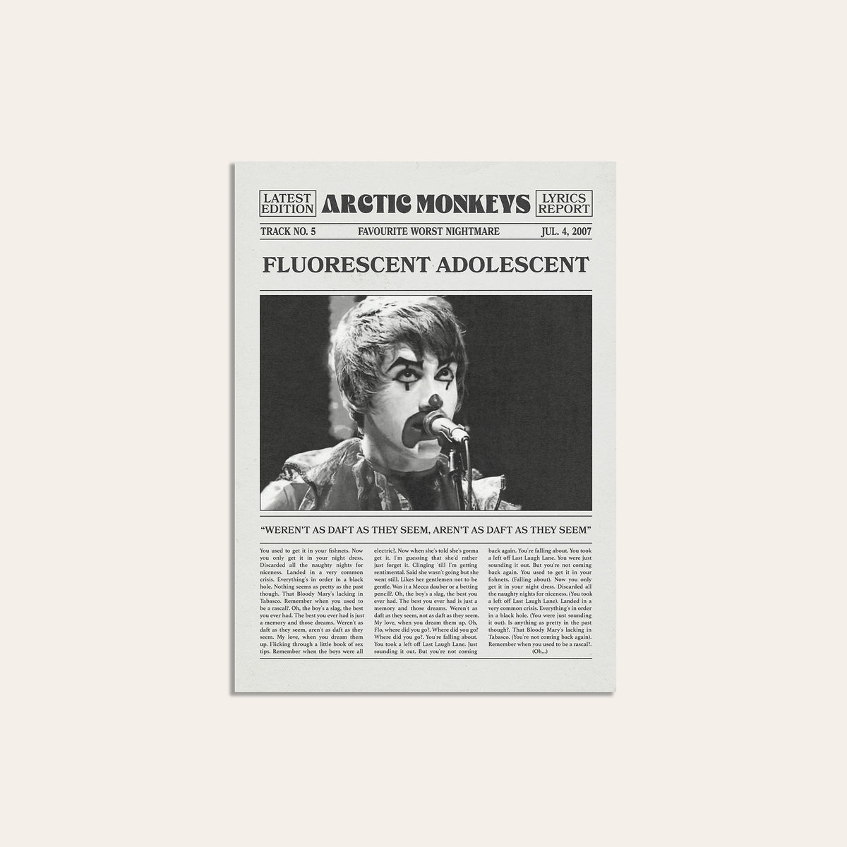 Arctic Monkeys Fluorescent Adolescent newspaper poster — unframed print