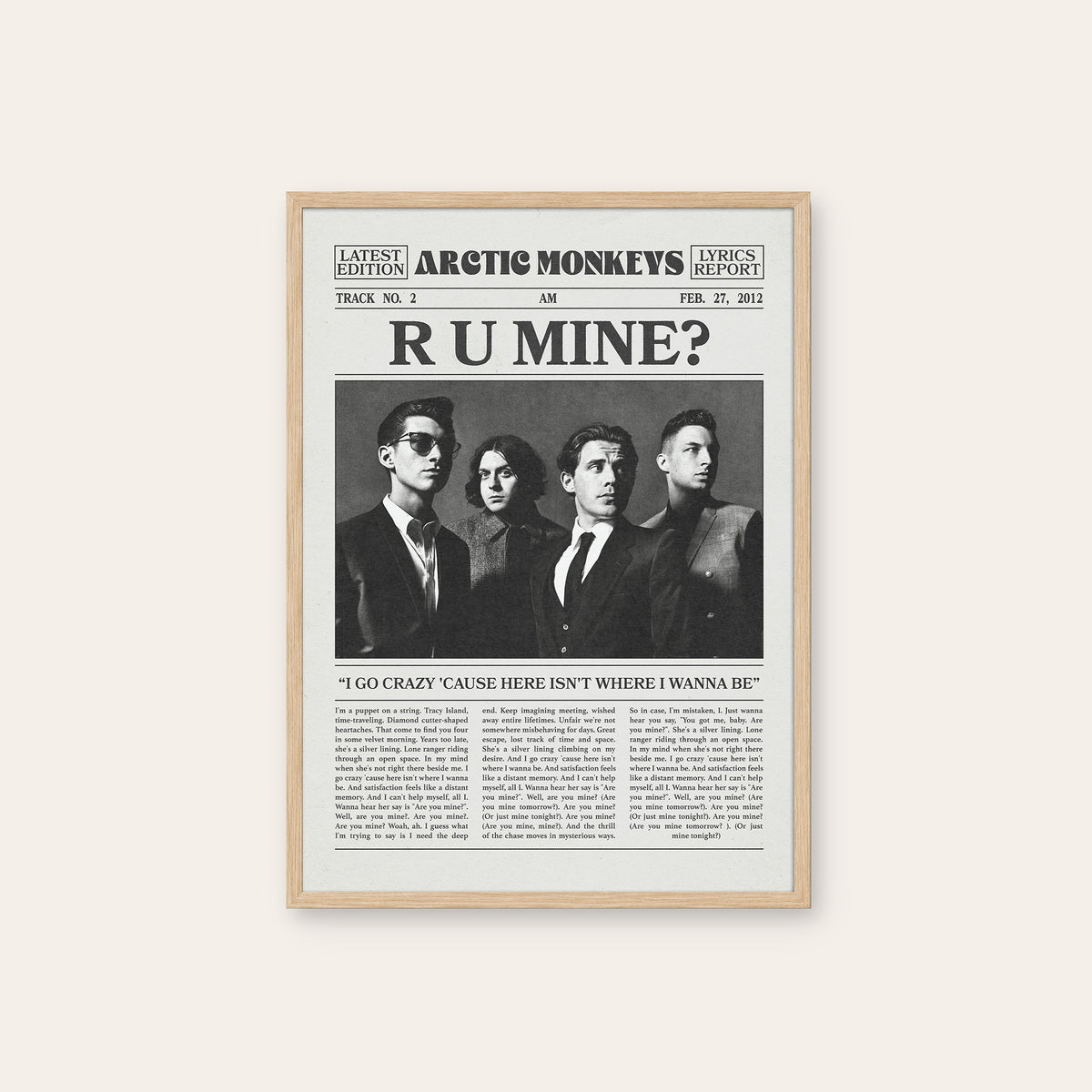 Arctic Monkeys R U Mine? newspaper poster — natural wood frame