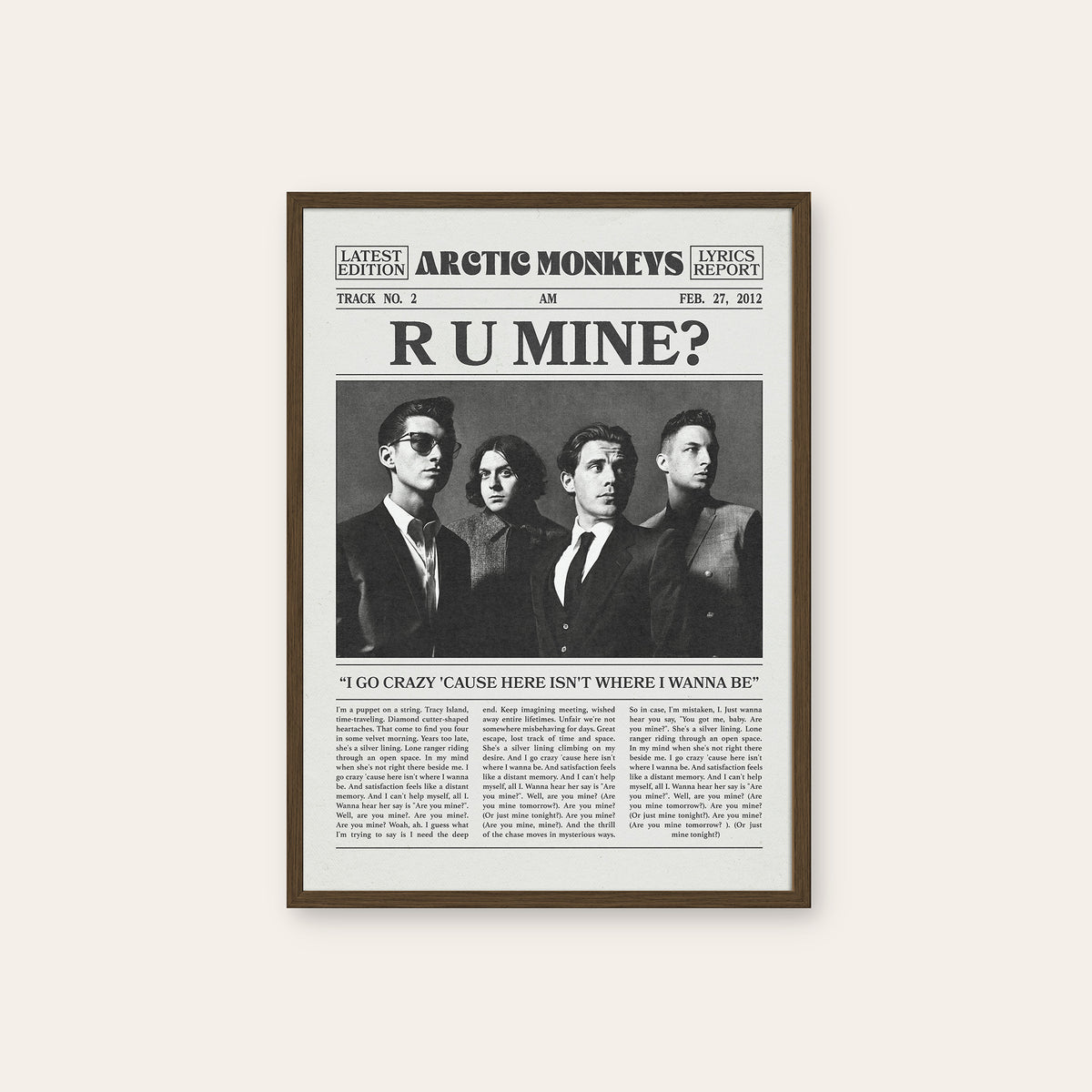 Arctic Monkeys R U Mine? newspaper poster — dark wood frame
