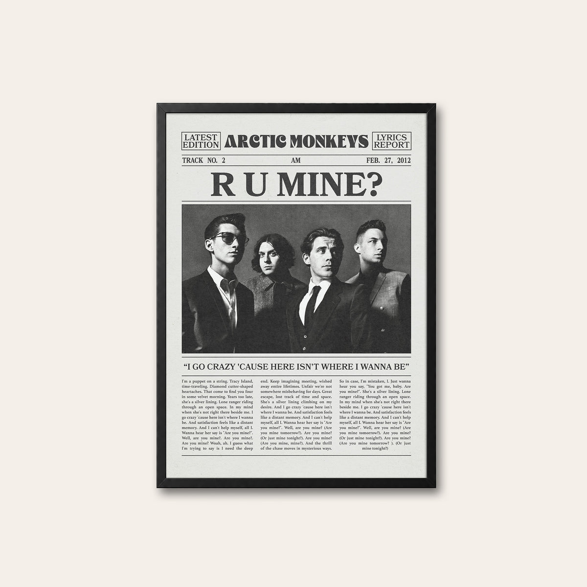 Arctic Monkeys R U Mine? newspaper poster — black frame