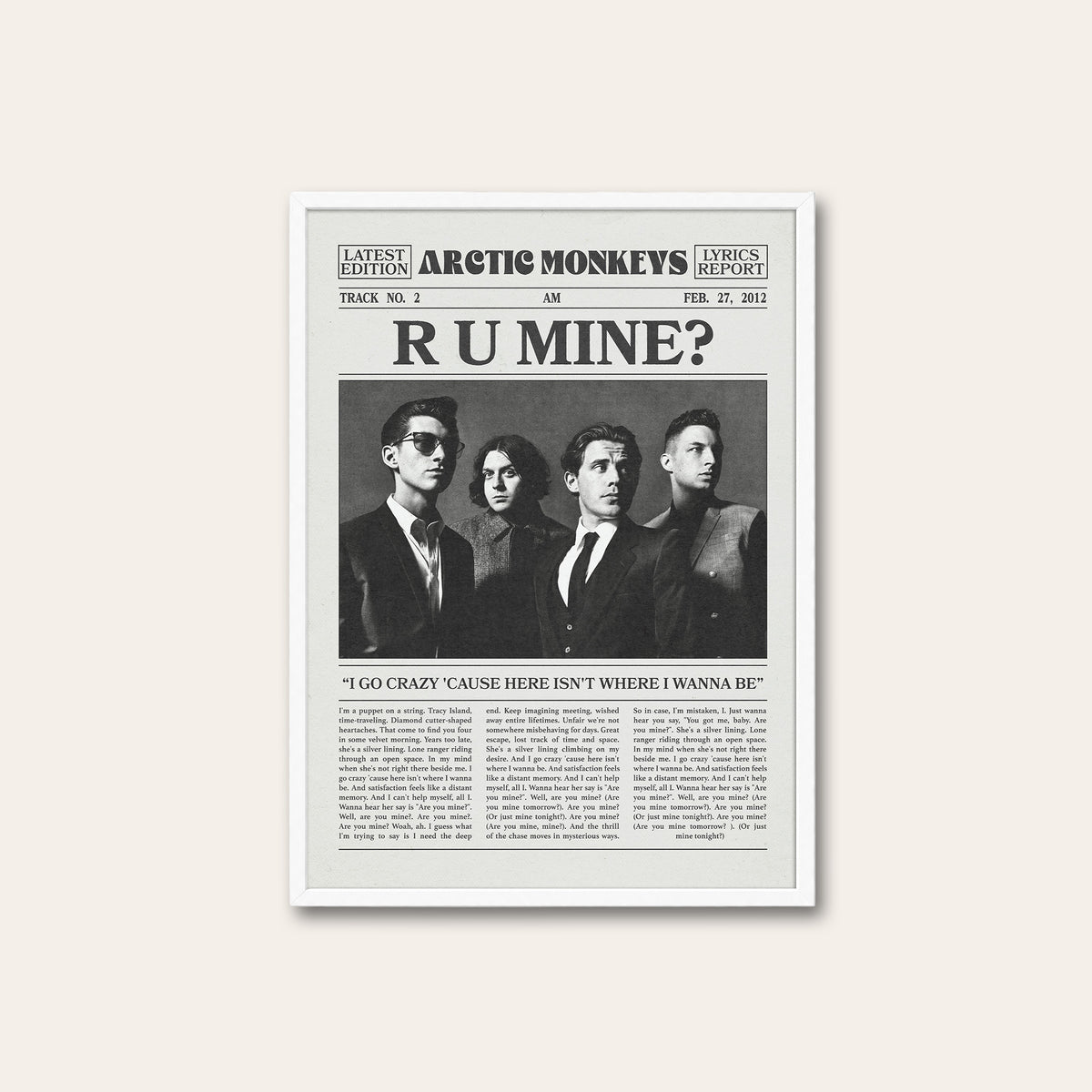 Arctic Monkeys R U Mine? newspaper poster — white frame