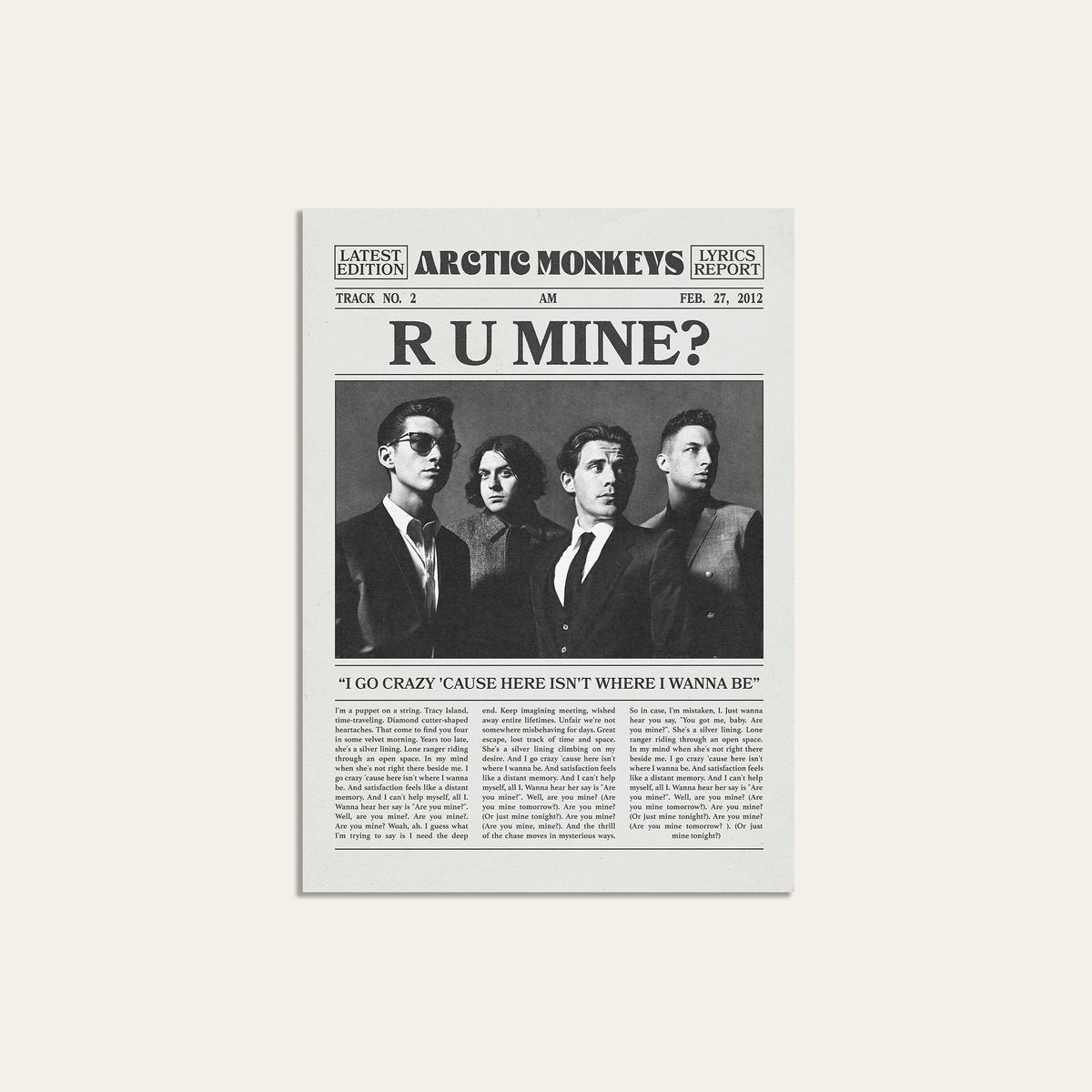 Arctic Monkeys R U Mine? newspaper poster — unframed print