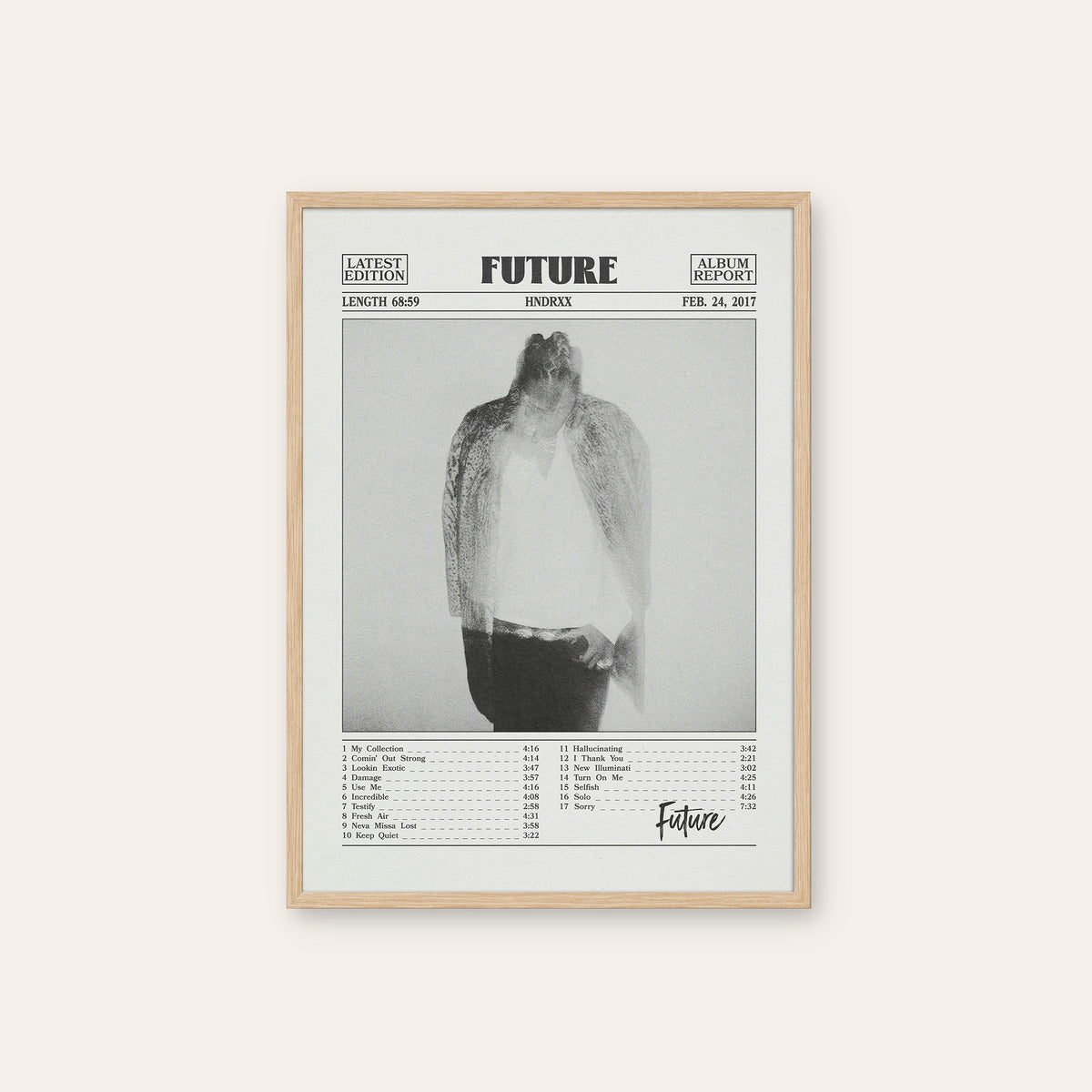 Future HNDRXX newspaper poster — natural wood frame