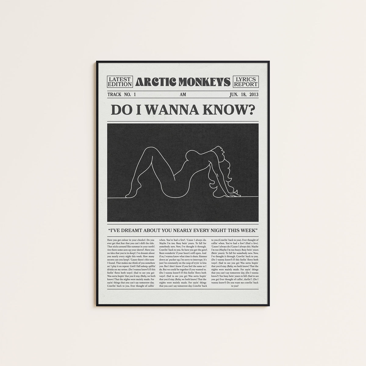 Arctic Monkeys Do I Wanna Know? newspaper poster — black frame display