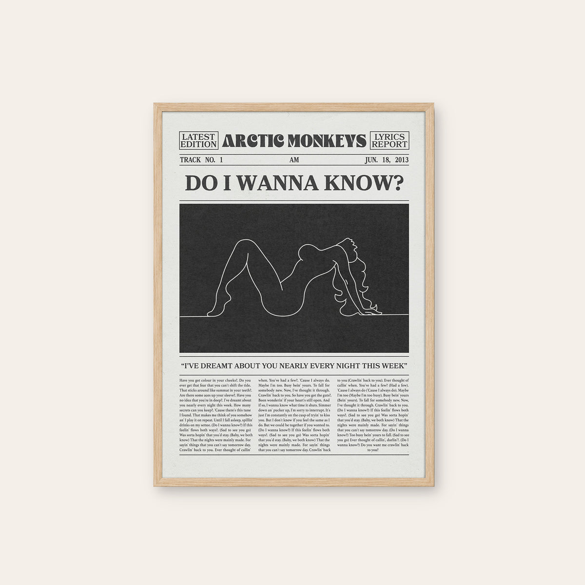 Arctic Monkeys Do I Wanna Know? newspaper poster — natural wood frame