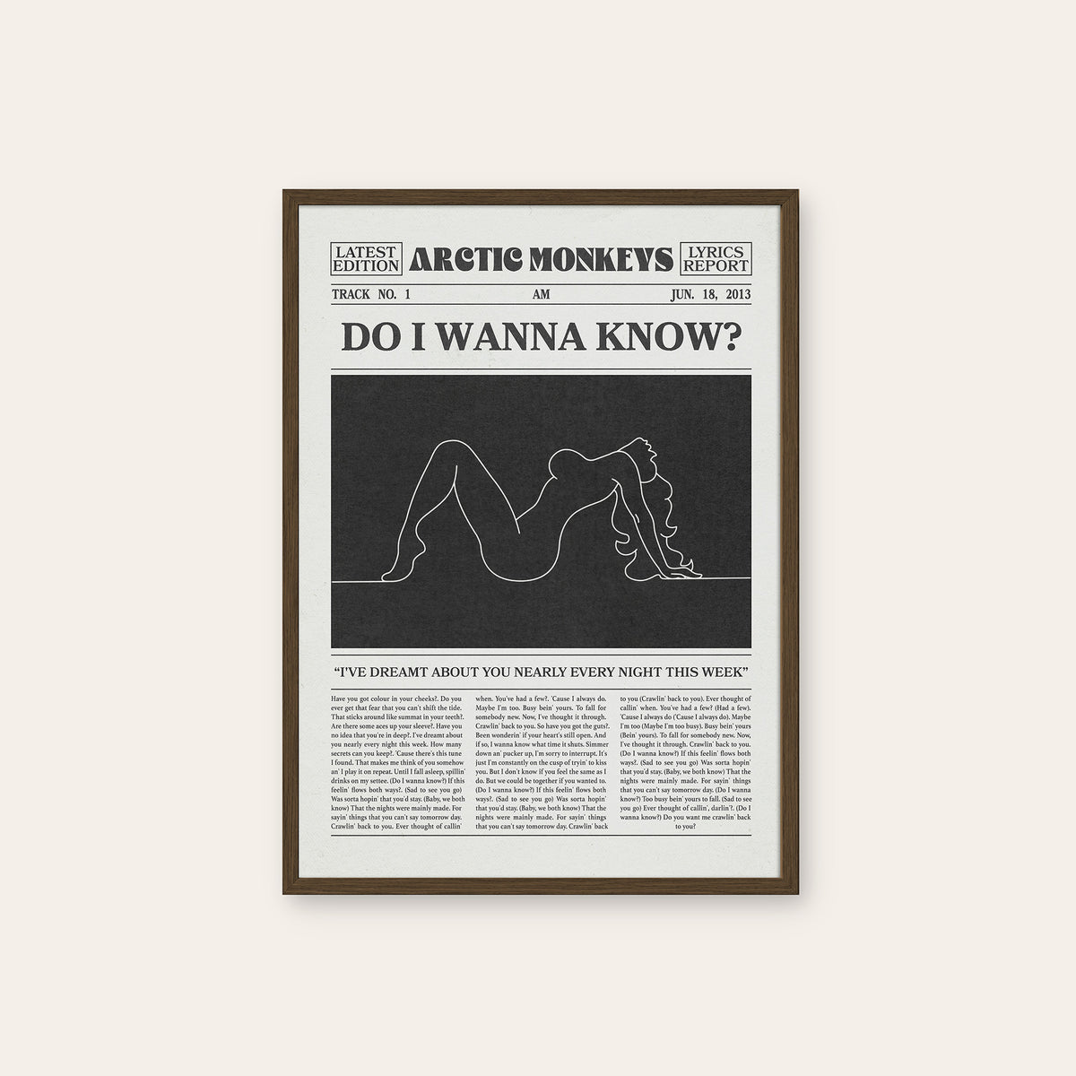 Arctic Monkeys Do I Wanna Know? newspaper poster — dark wood frame