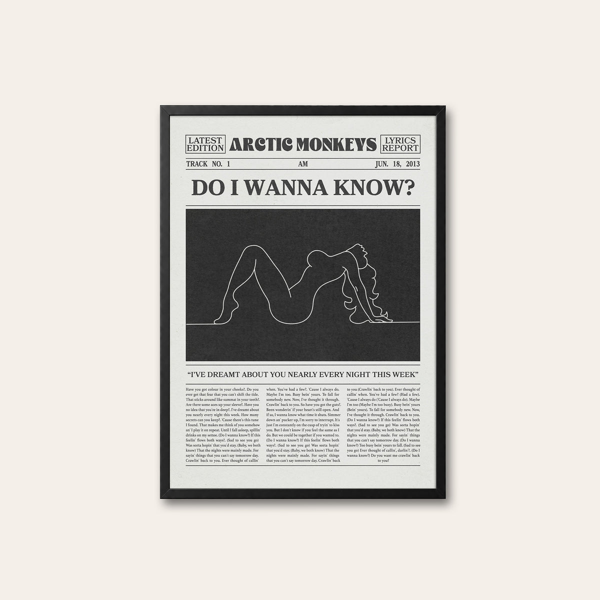 Arctic Monkeys Do I Wanna Know? newspaper poster — black frame