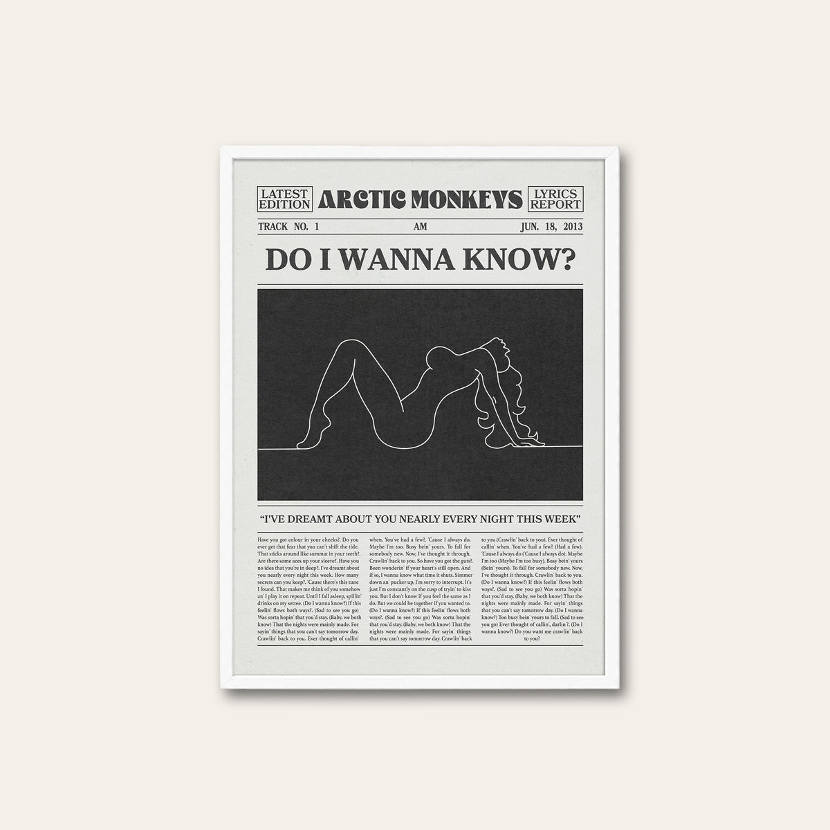 Arctic Monkeys Do I Wanna Know? newspaper poster — white frame
