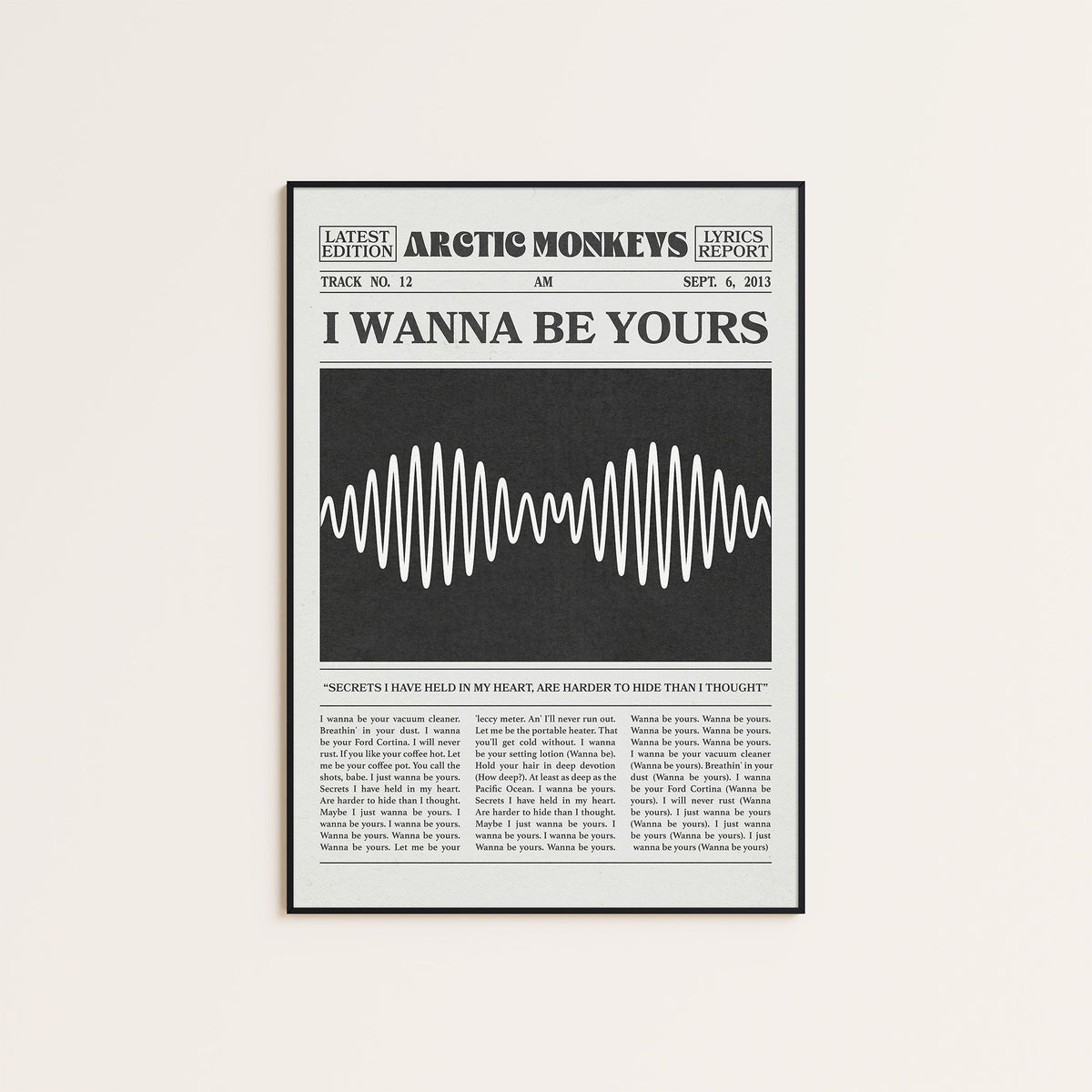 Arctic Monkeys I Wanna Be Yours newspaper poster — black frame display