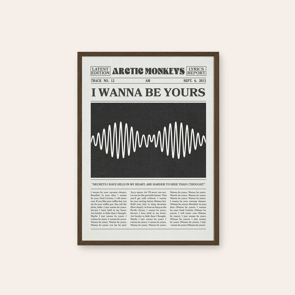 Arctic Monkeys I Wanna Be Yours newspaper poster — dark wood frame