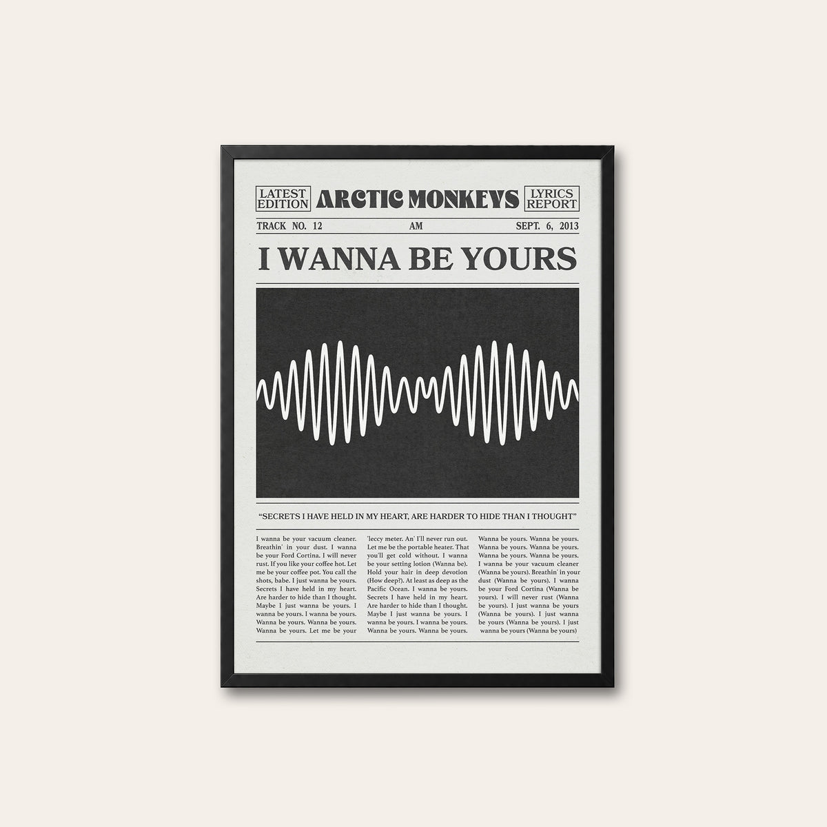 Arctic Monkeys I Wanna Be Yours newspaper poster — black frame