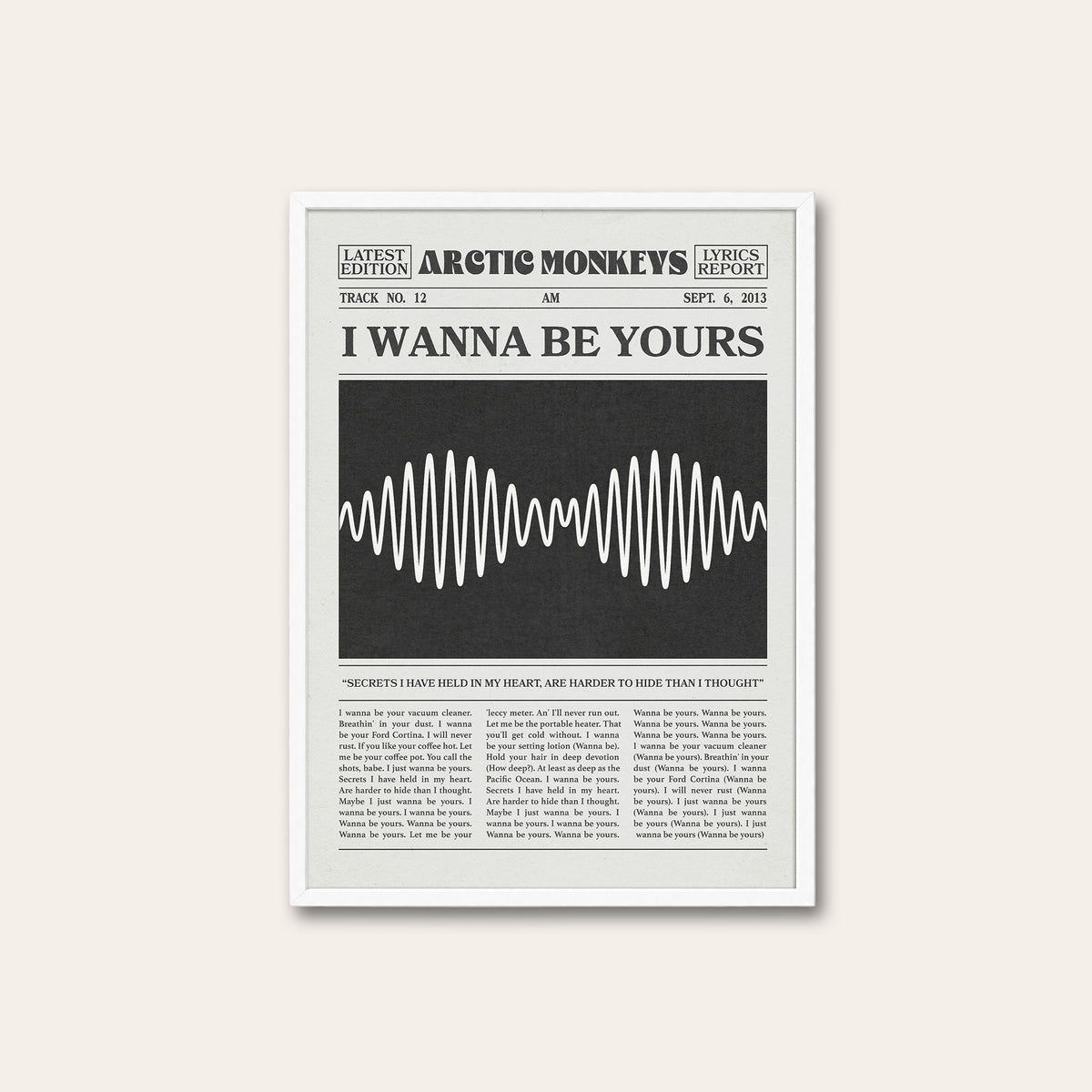 Arctic Monkeys I Wanna Be Yours newspaper poster — white frame