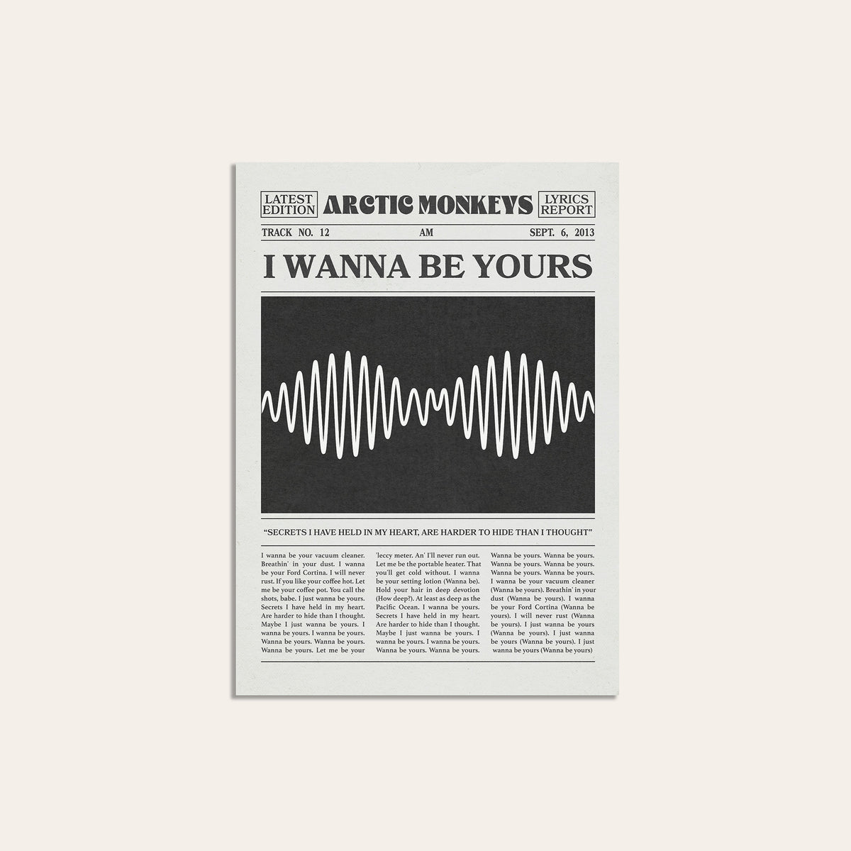Arctic Monkeys I Wanna Be Yours newspaper poster — unframed print