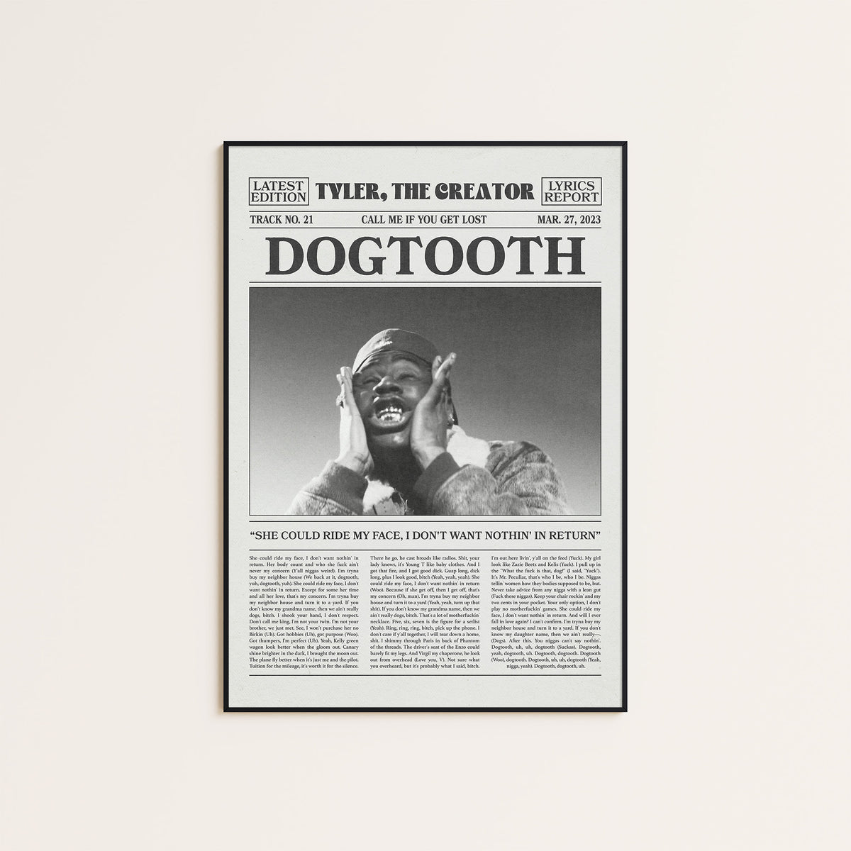 Tyler, the Creator Dogtooth newspaper poster, Close-up — black frame display