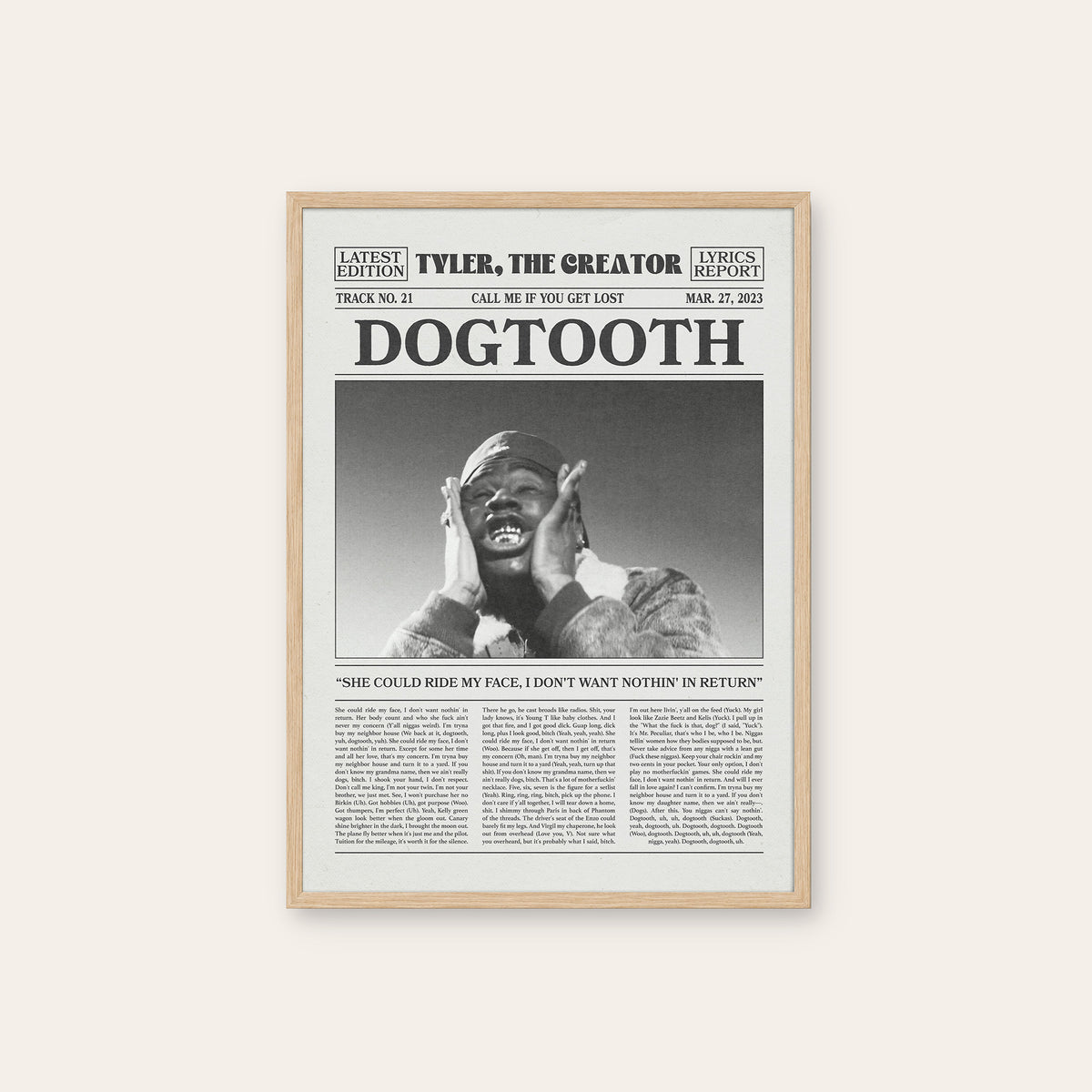 Tyler, the Creator Dogtooth newspaper poster, Close-up — natural wood frame