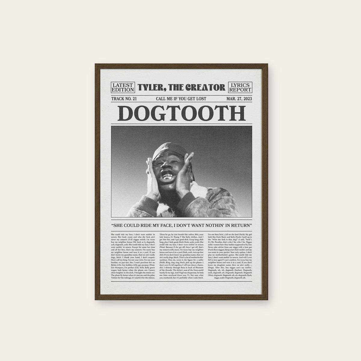 Tyler, the Creator Dogtooth newspaper poster, Close-up — dark wood frame