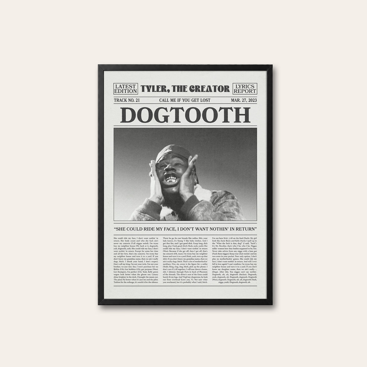 Tyler, the Creator Dogtooth newspaper poster, Close-up — black frame