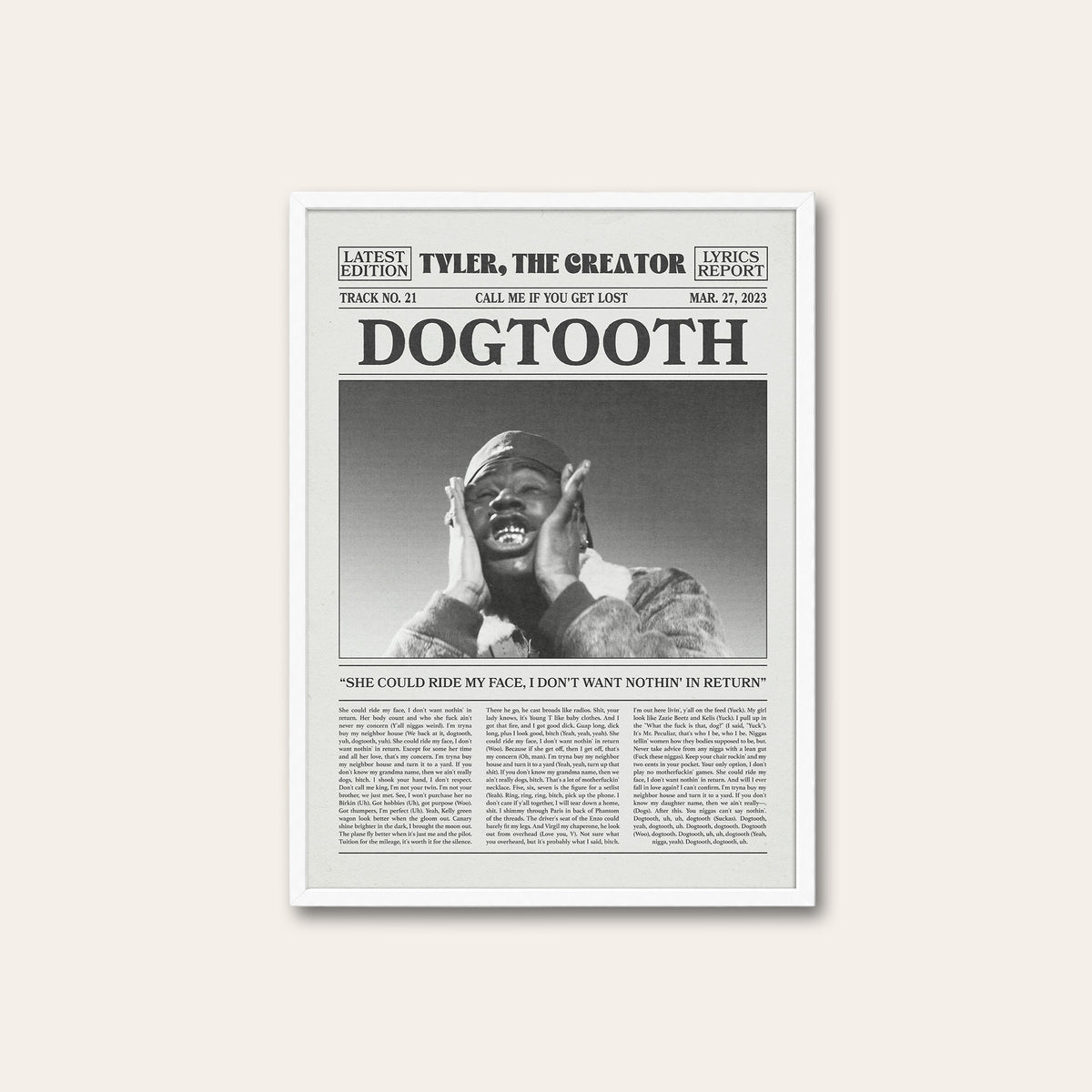 Tyler, the Creator Dogtooth newspaper poster, Close-up — white frame