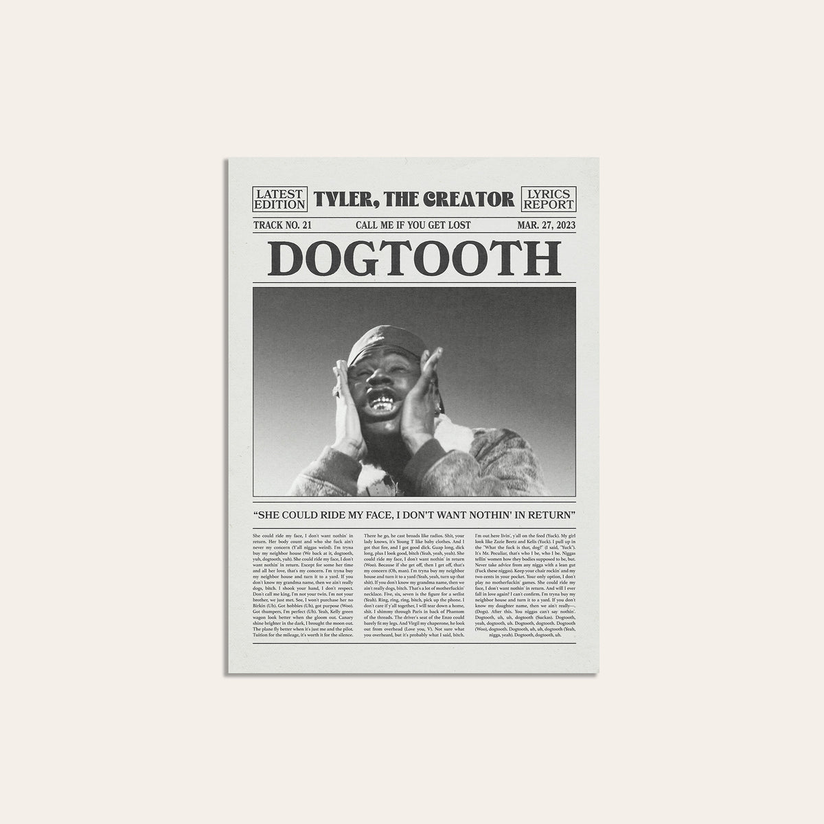 Tyler, the Creator Dogtooth newspaper poster, Close-up — unframed print