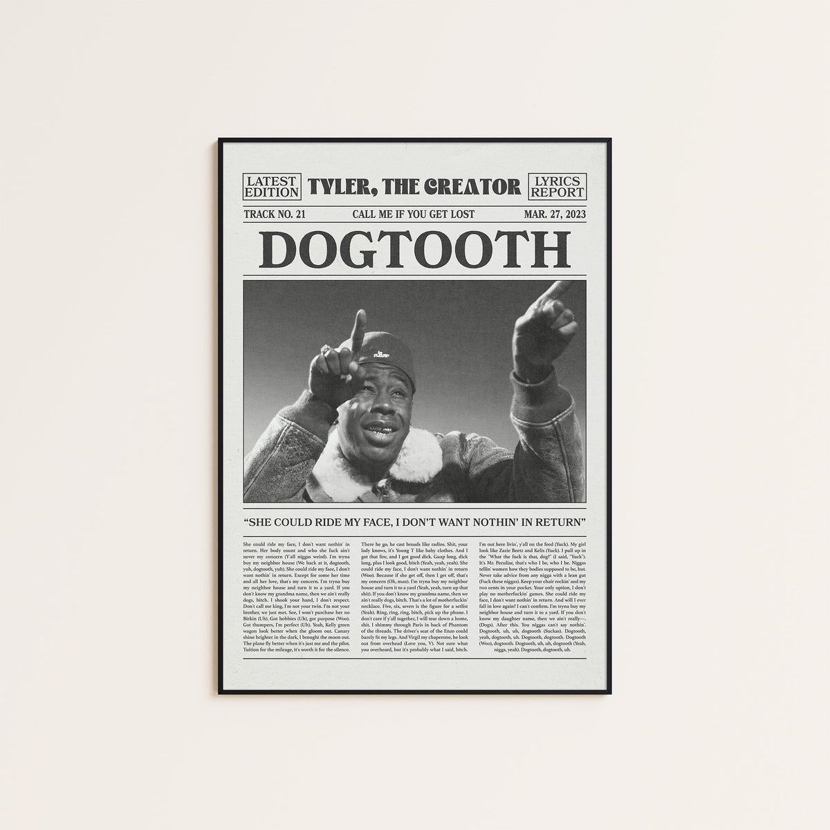 Tyler, the Creator Dogtooth newspaper poster, Raised Hands — black frame display