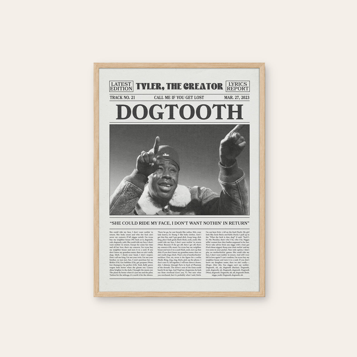 Tyler, the Creator Dogtooth newspaper poster, Raised Hands — natural wood frame