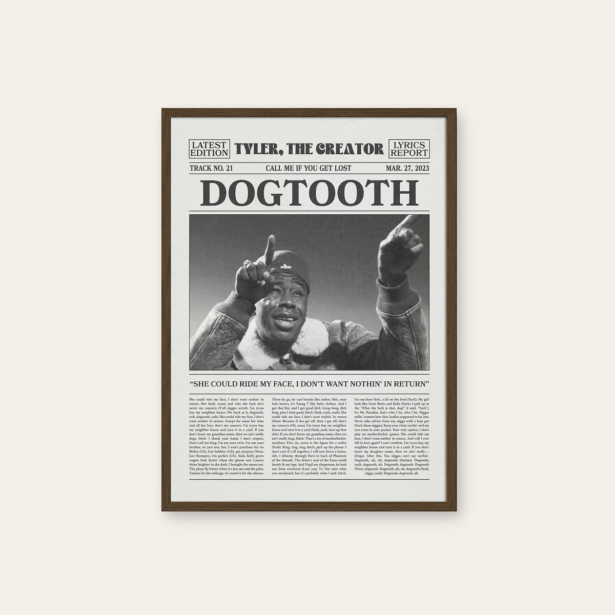 Tyler, the Creator Dogtooth newspaper poster, Raised Hands — dark wood frame