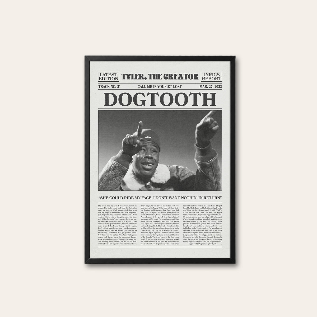 Tyler, the Creator Dogtooth newspaper poster, Raised Hands — black frame