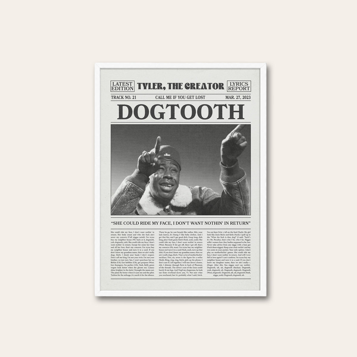 Tyler, the Creator Dogtooth newspaper poster, Raised Hands — white frame
