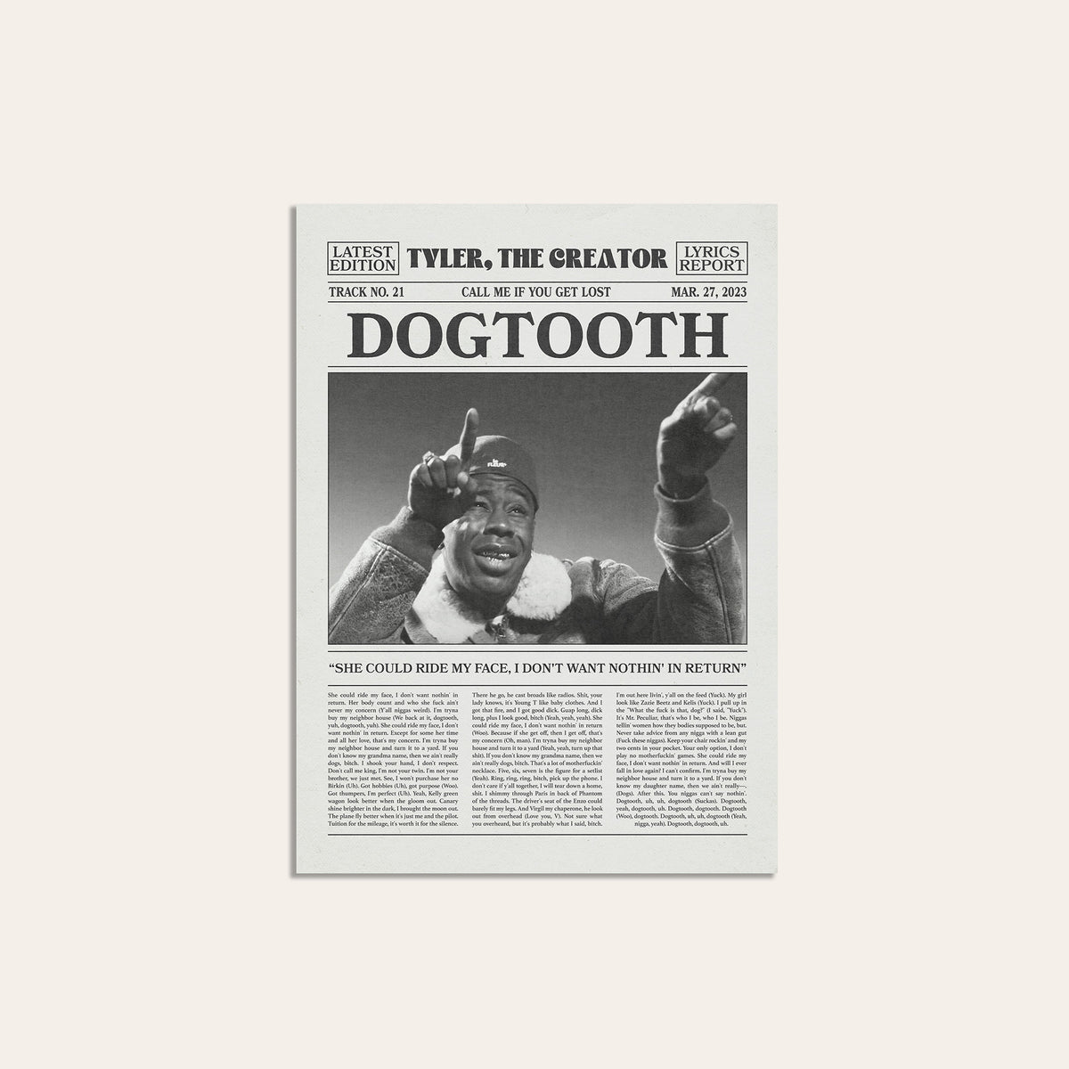 Tyler, the Creator Dogtooth newspaper poster, Raised Hands — unframed print