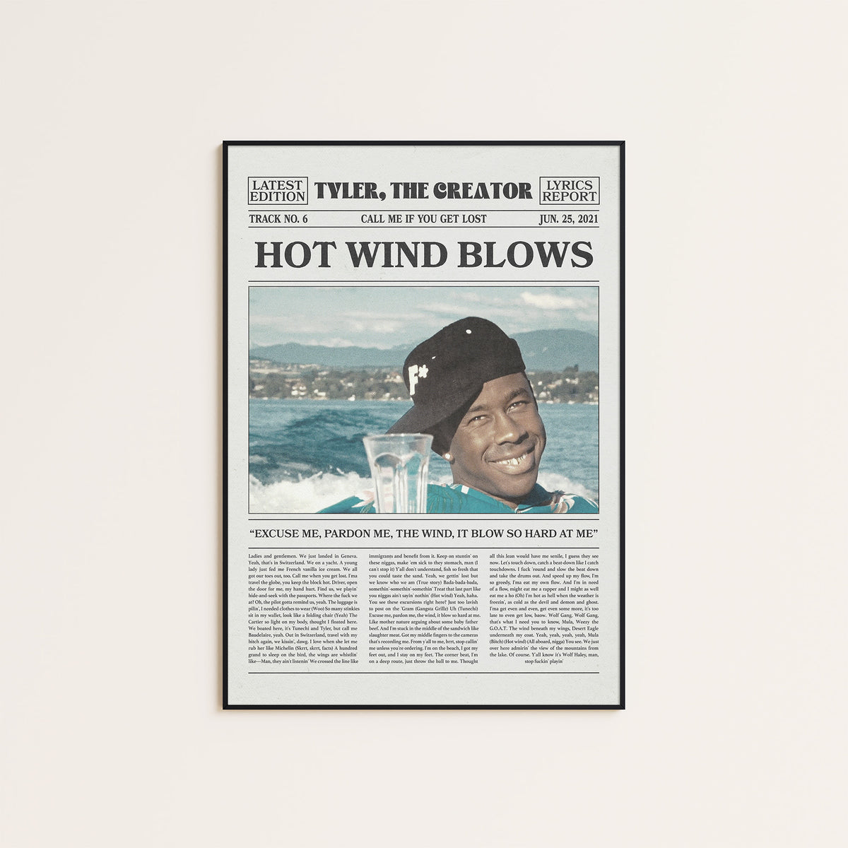 Tyler, the Creator Hot Wind Blows newspaper poster — black frame display