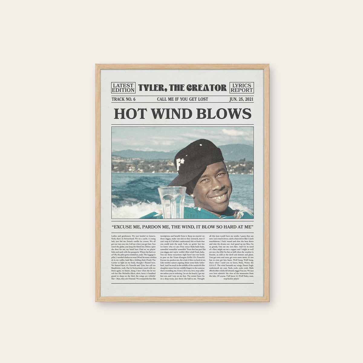 Tyler, the Creator Hot Wind Blows newspaper poster — natural wood frame